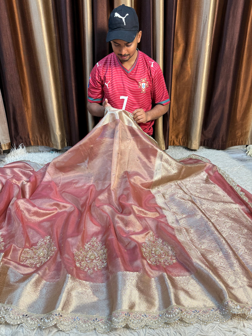 Pretty Pink Shade Banarasi Tissue Silk Zardozi Handwork Saree