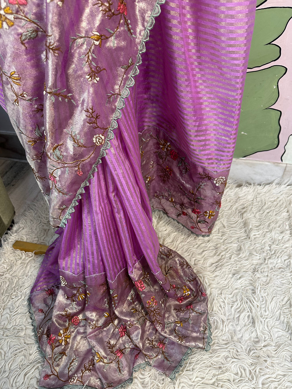 Lavender Designer Chiniya Tissue Silk Stripe Saree with multi color floral embroidered on Tissue Base