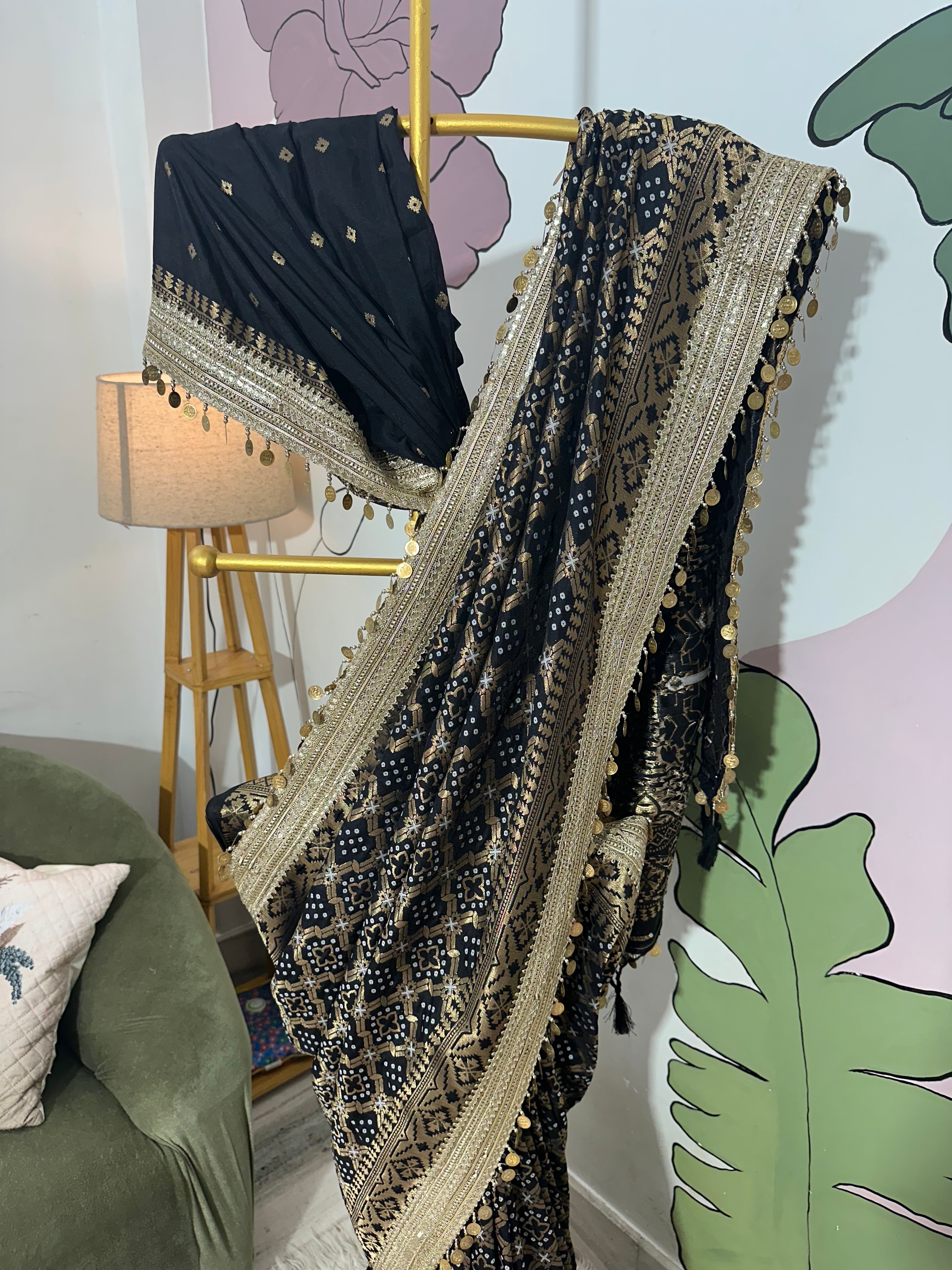 Black Designer Georgette Katan Silk Saree with Gota Patti and Coin lace