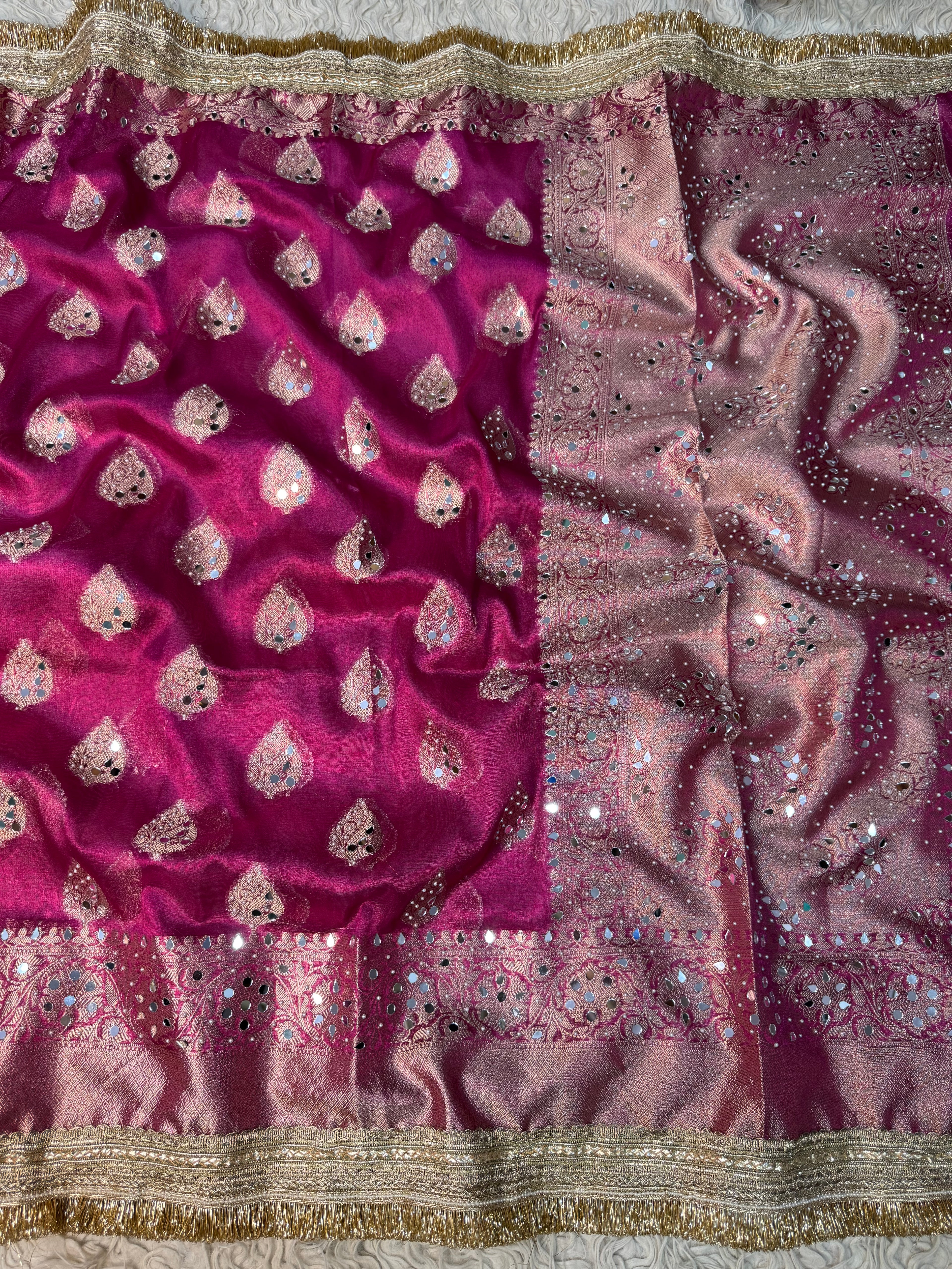 Rani pink Designer Banarasi Tissue Buta Saree with Pearl and mirror Work on all over Body with Intricate Border and Gotta Patti Lace Work