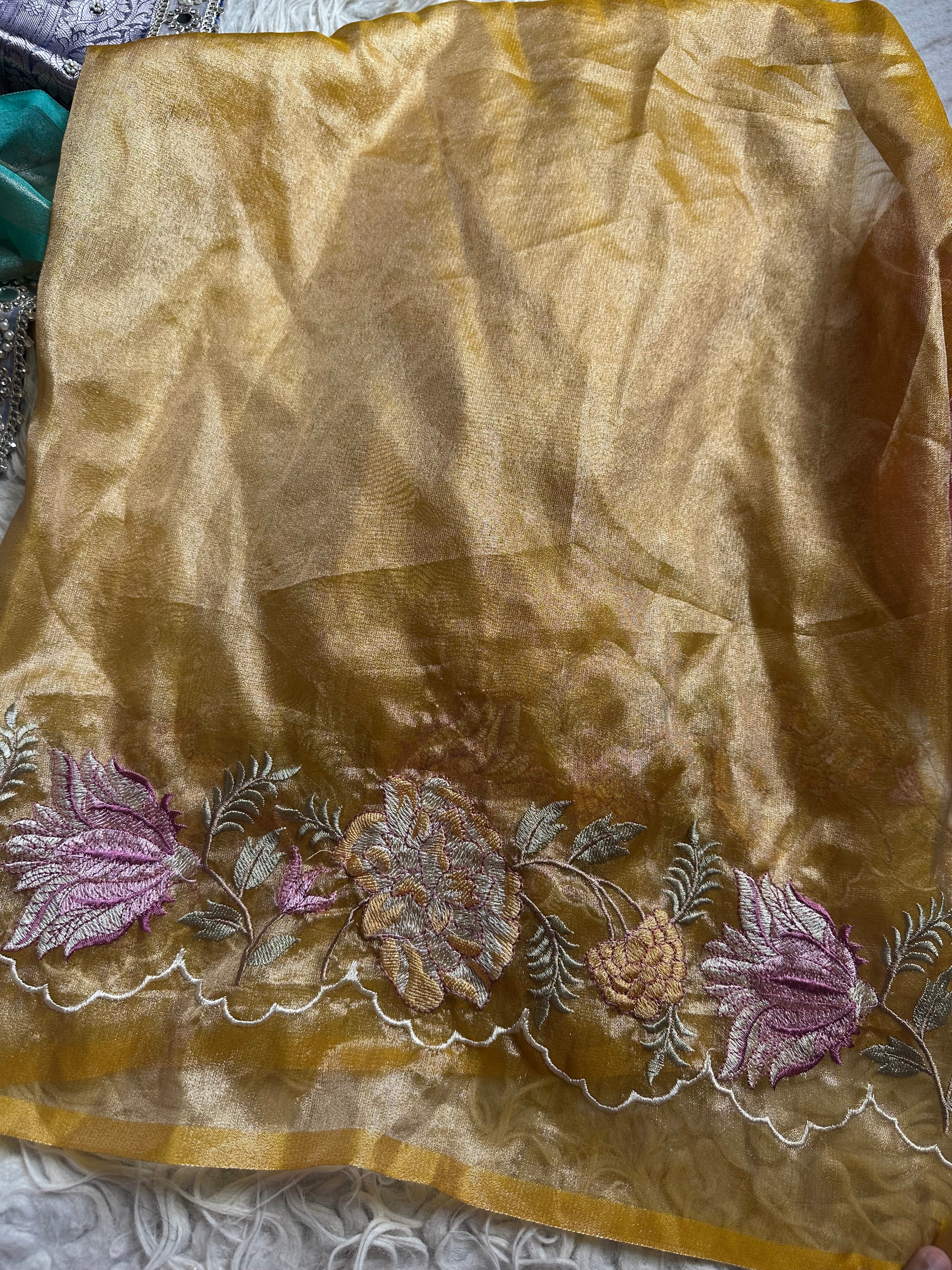 Yellow Designer Chiniya Tissue Silk Stripe Saree with multi color floral embroidered on Tissue Base