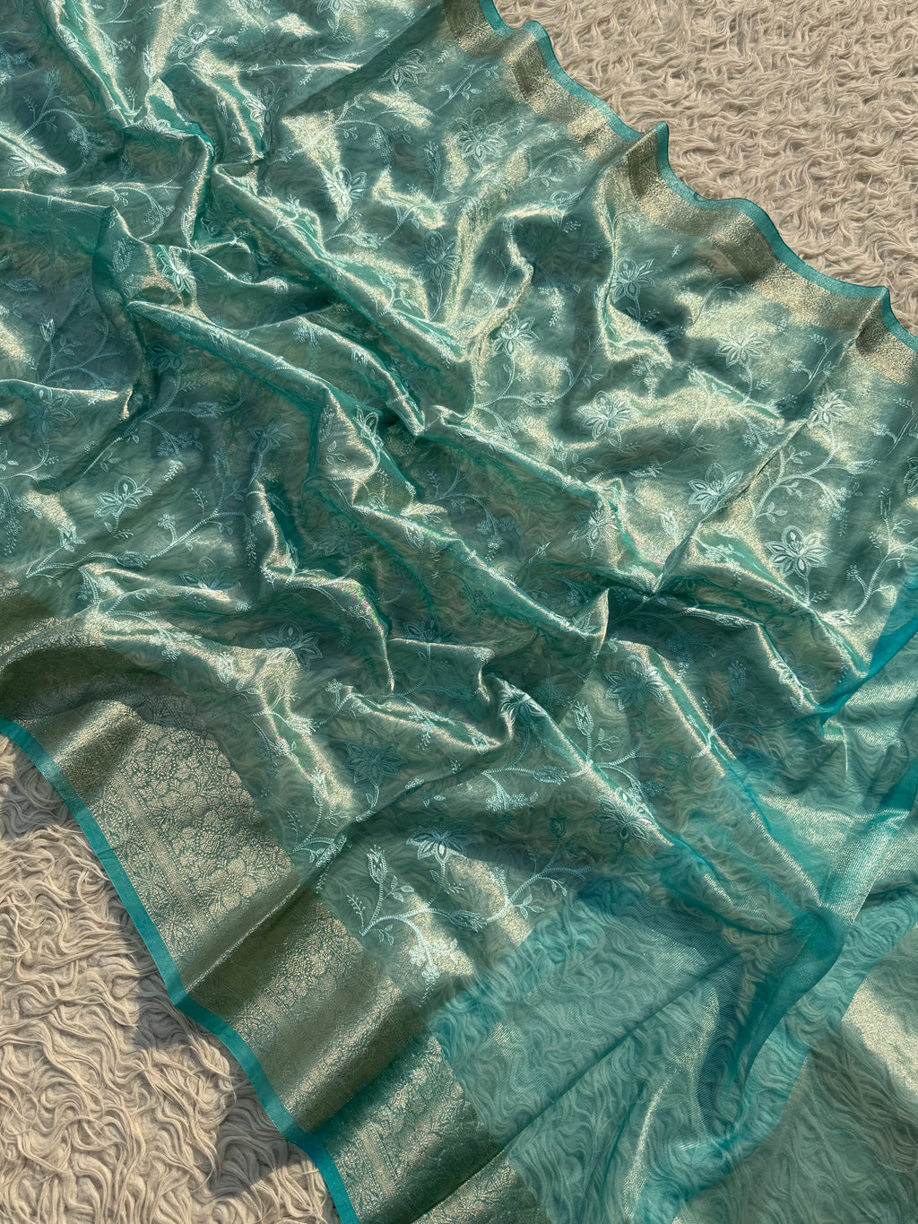 Sky Blue Banarasi Embroidery Tissue Silk Saree