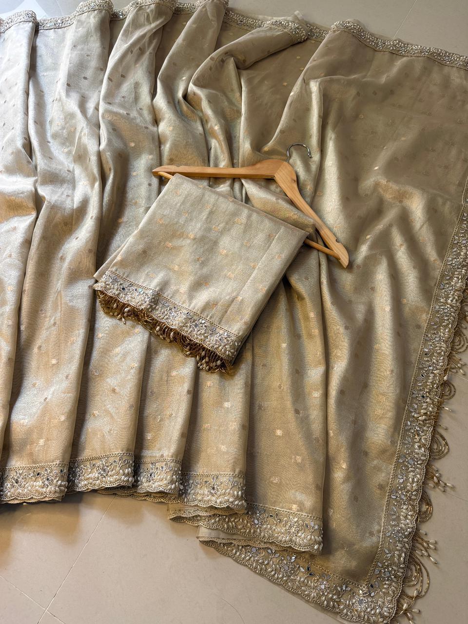 Ivory buti Banarasi Tissue Saree with Designer Pearl and Mirror Lace Work Jhalar Lace on Pallu
