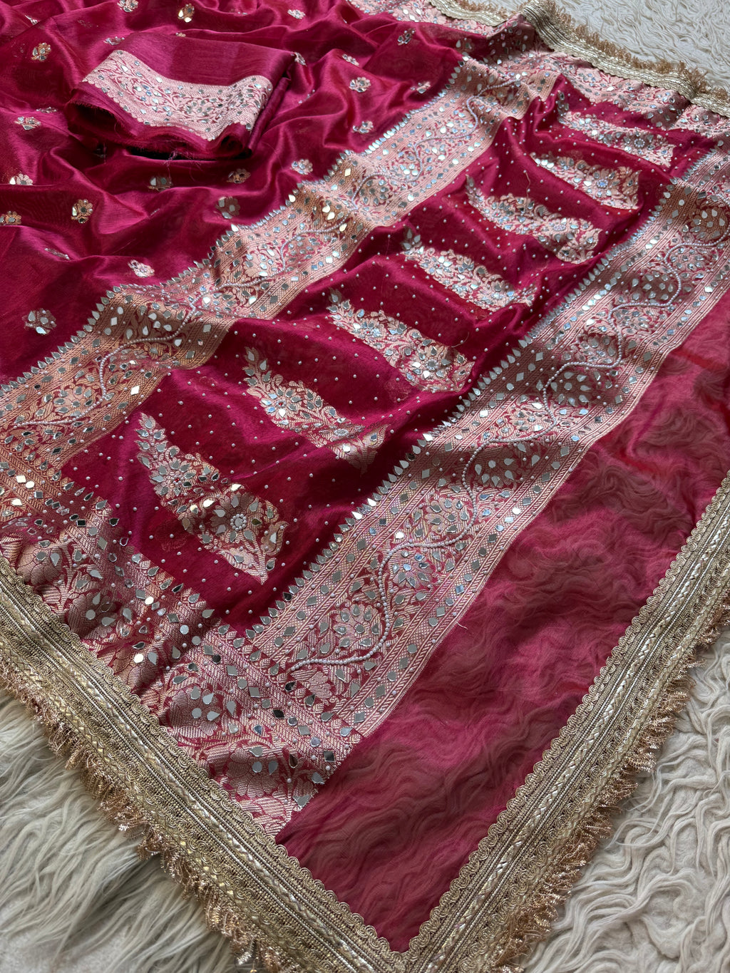 Designer Banarasi Tissue Saree with Pearl Work on all over Body with Intricate Border and Pallu Design Along with Gotta Patti Lace Work