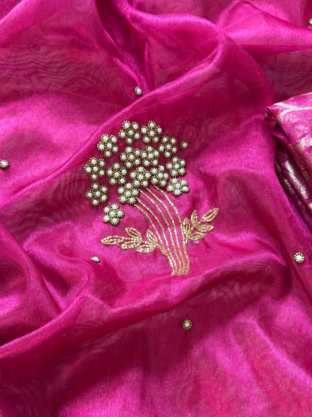 Designer Rani pink pearl and cutdana handwork in buta pattern Tissue Silk Saree