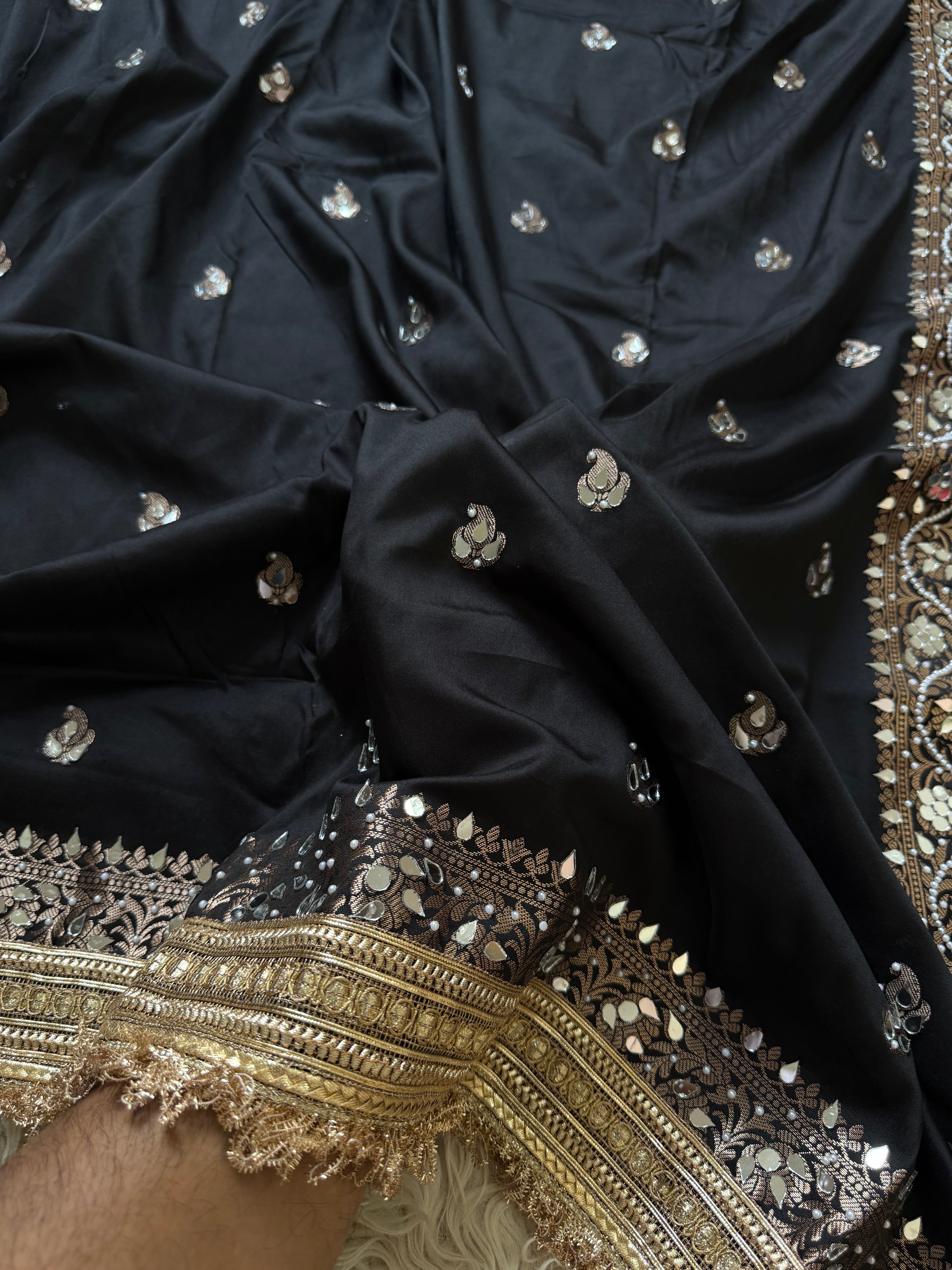 Designer Banarasi katan Saree with Pearl and mirror Work on all over Body with Intricate Border and Pallu Design Along with Gotta Patti Lace Work