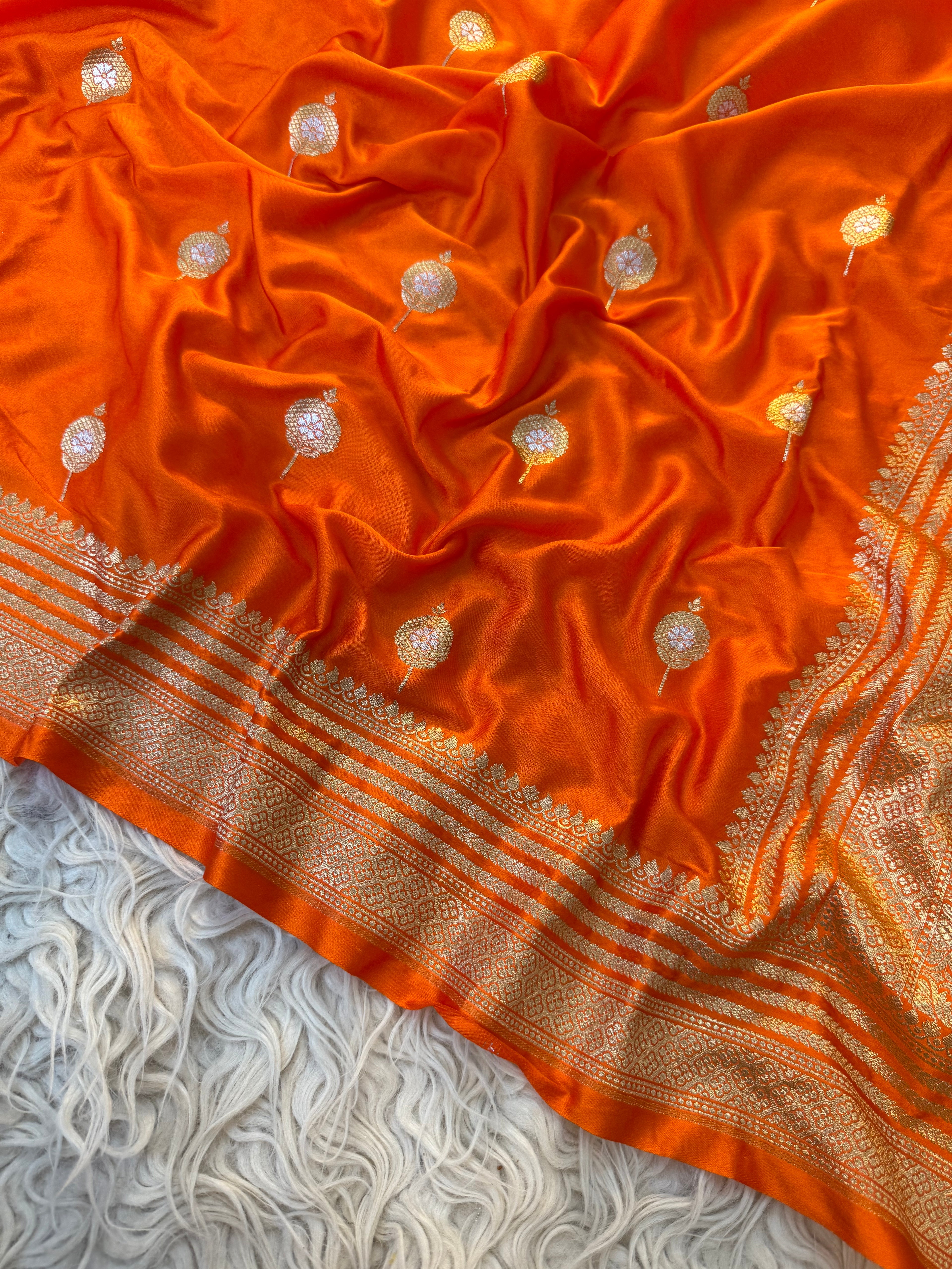 Rare cosmic orange shade Banarasi Mashru Silk Saree All Over Alfi Meena Buta