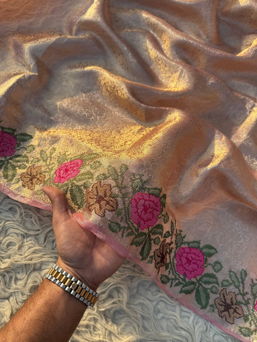 Pink Banarasi Tanchui Embroidery Tissue Silk Saree