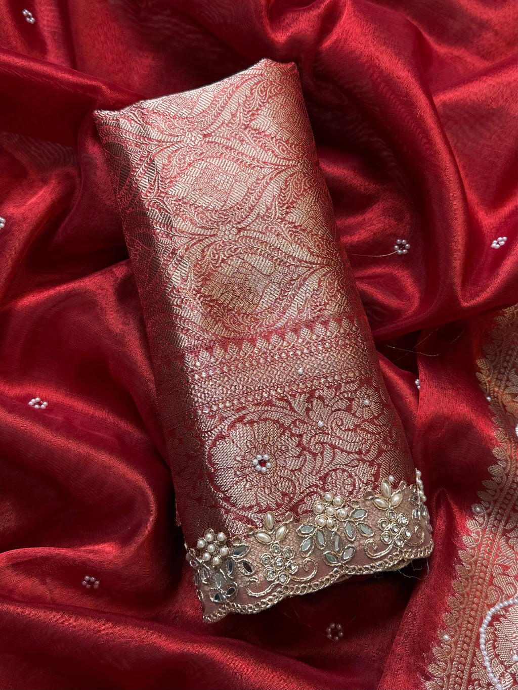 Designer Banarasi Tissue Saree with Pearl Work on all over Body with Intricate Border and Pallu Design Along with Gotta Patti Lace Work