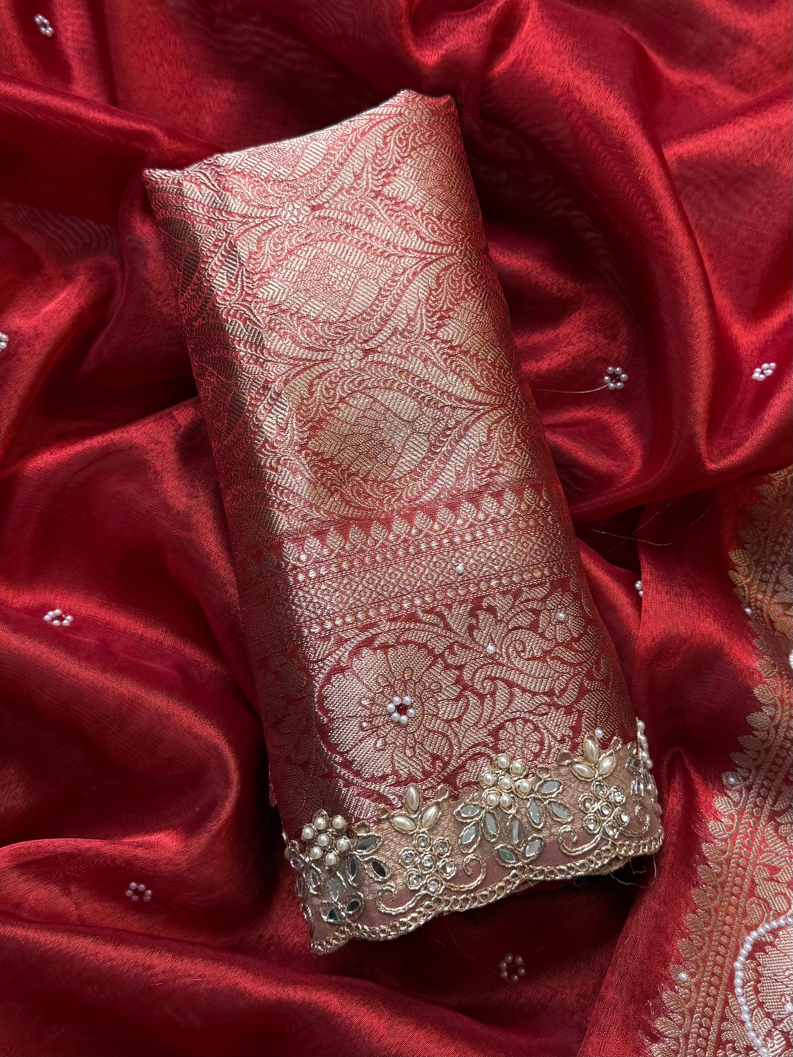 Designer Banarasi Tissue Saree with Pearl Work on all over Body with Intricate Border and Pallu Design Along with Gotta Patti Lace Work