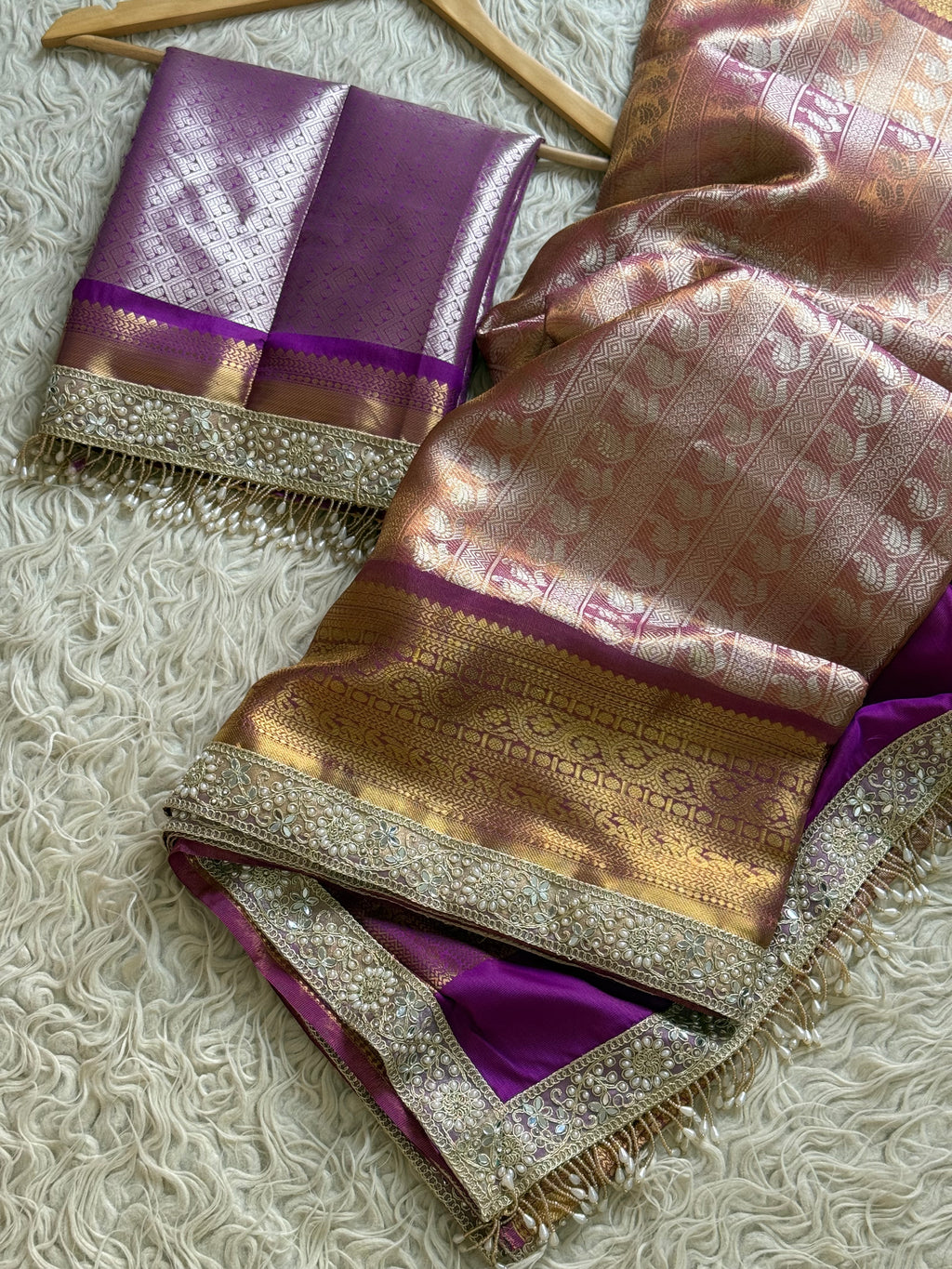 Magenta Bridal Kanjeevaram Brocade Tissue Saree with Designer Pearl and Mirror Lace Work Jhalar Lace on Pallu