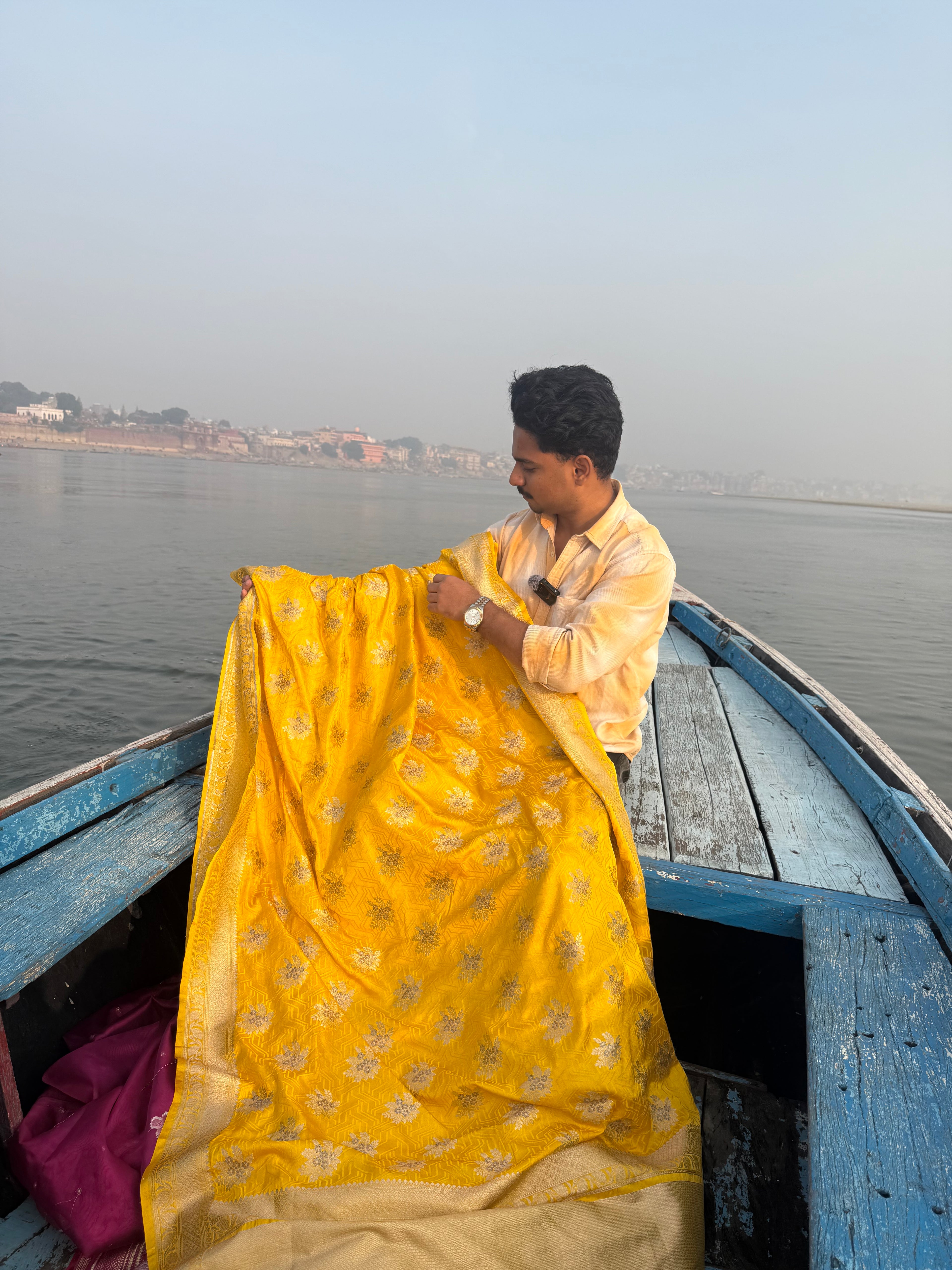 Yellow Banarasi Mashru Silk Saree All Over Alfi Meena Buta