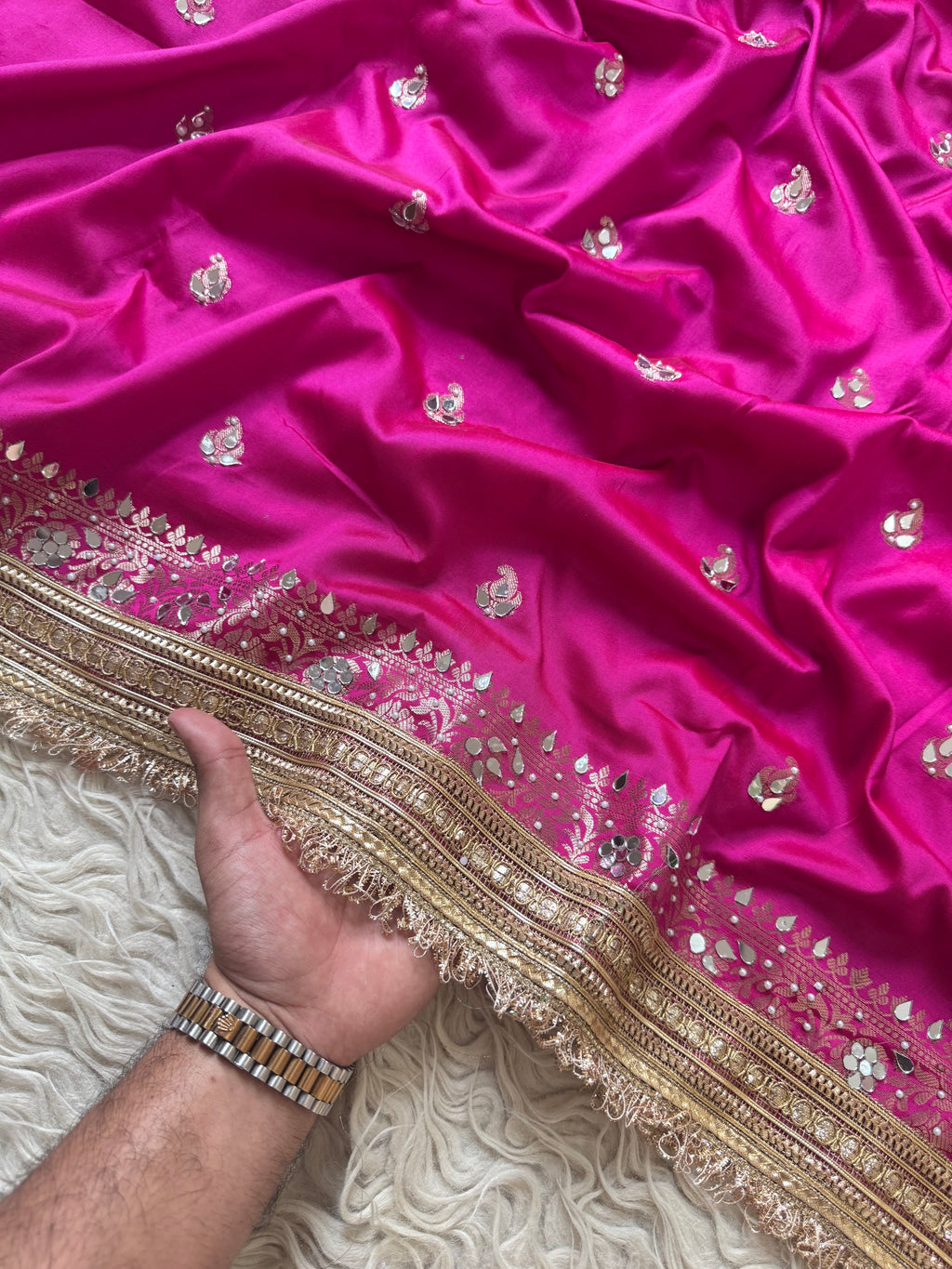 Designer Banarasi katan Saree with Pearl and mirror Work on all over Body with Intricate Border and Pallu Design Along with Gotta Patti Lace Work