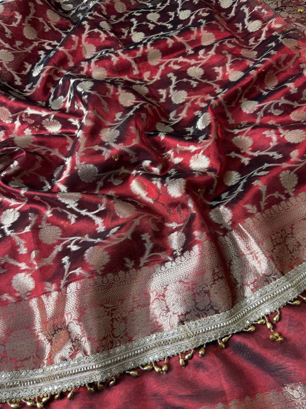 Red carmine Banarasi tissue saree X ghungroo work