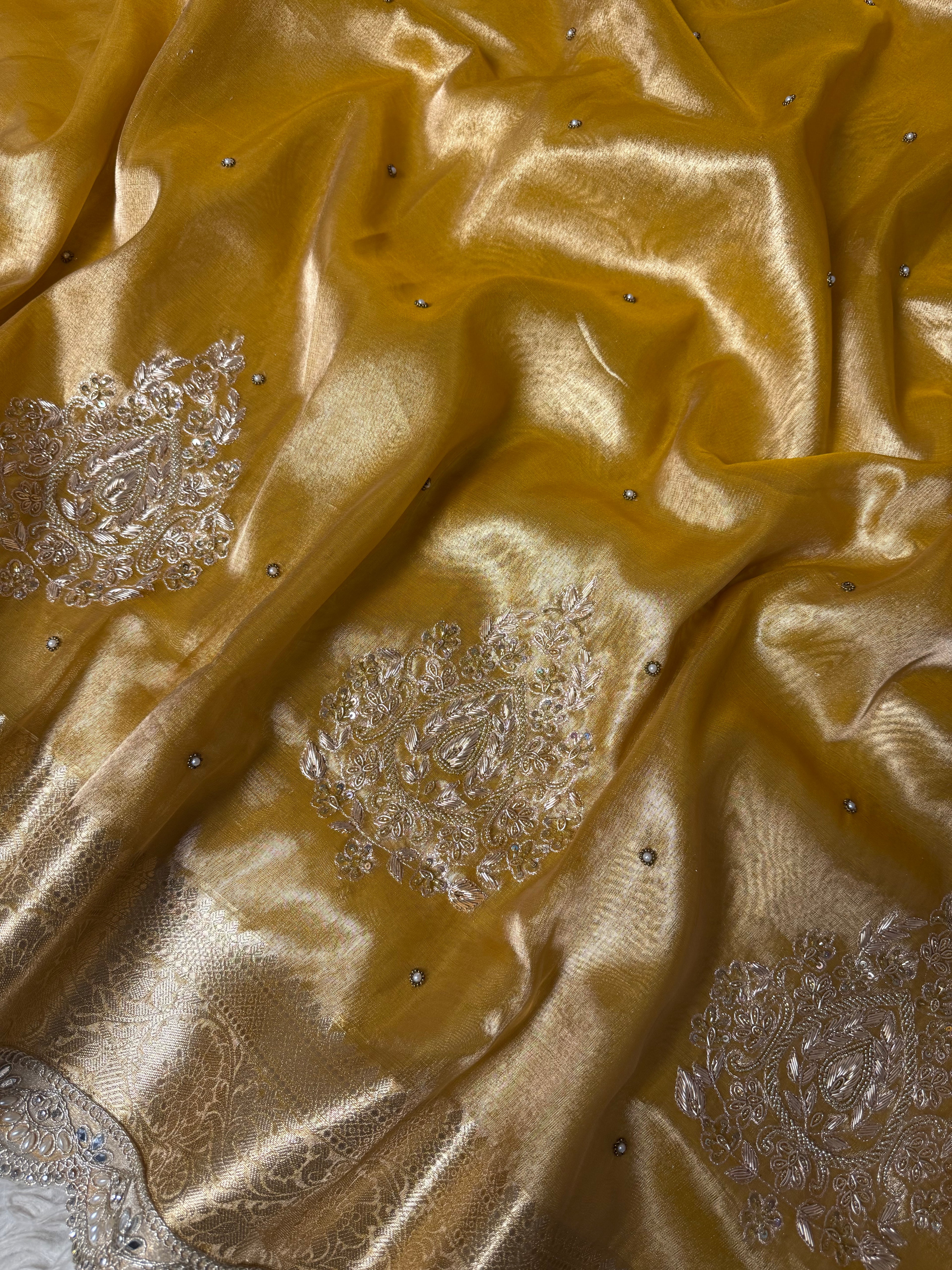 Pretty yellow Shade Banarasi Tissue Silk Zardozi Handwork Saree