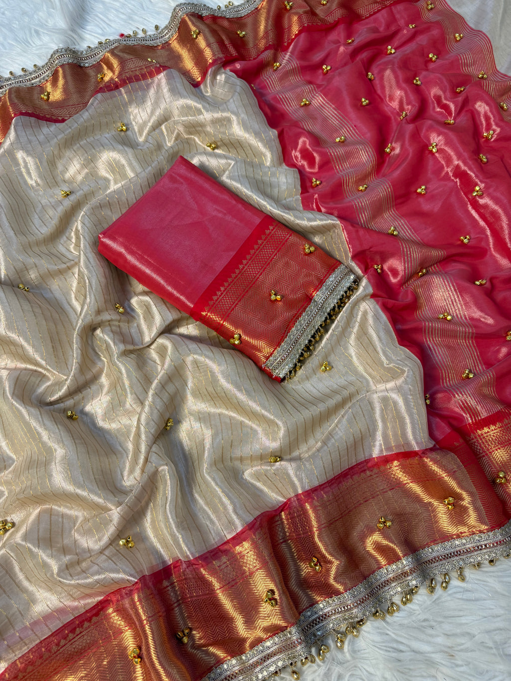 Ivory Red Banarasi tissue saree X ghungroo work