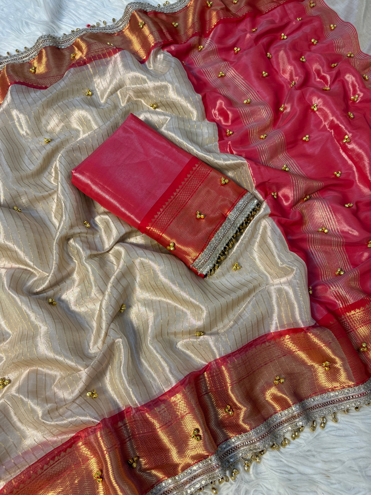 Ivory Red Banarasi tissue saree X ghungroo work