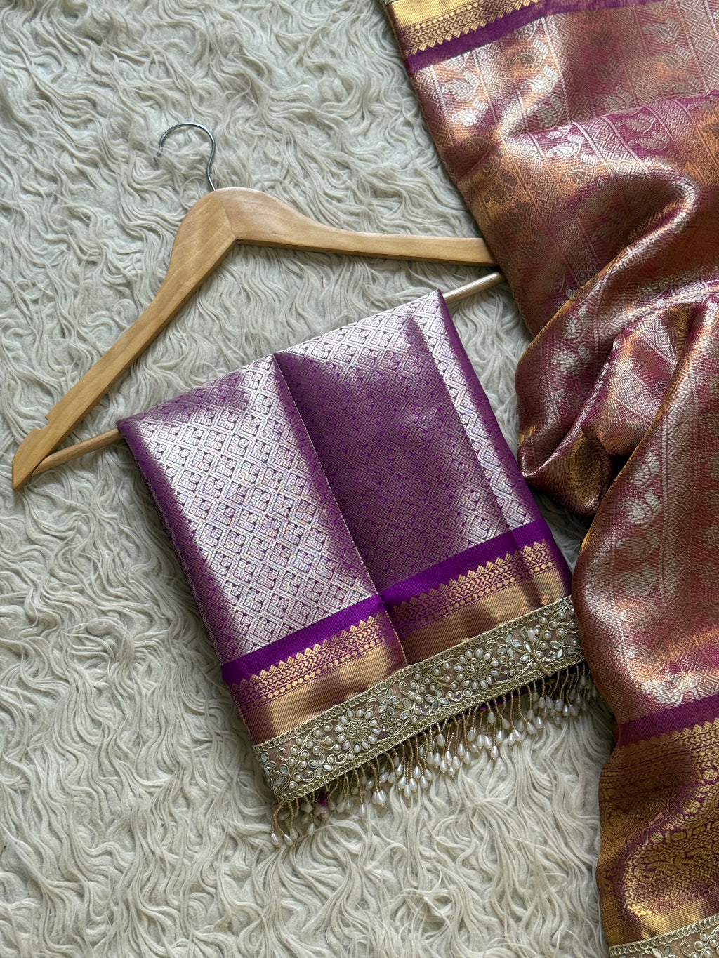 Magenta Bridal Kanjeevaram Brocade Tissue Saree with Designer Pearl and Mirror Lace Work Jhalar Lace on Pallu