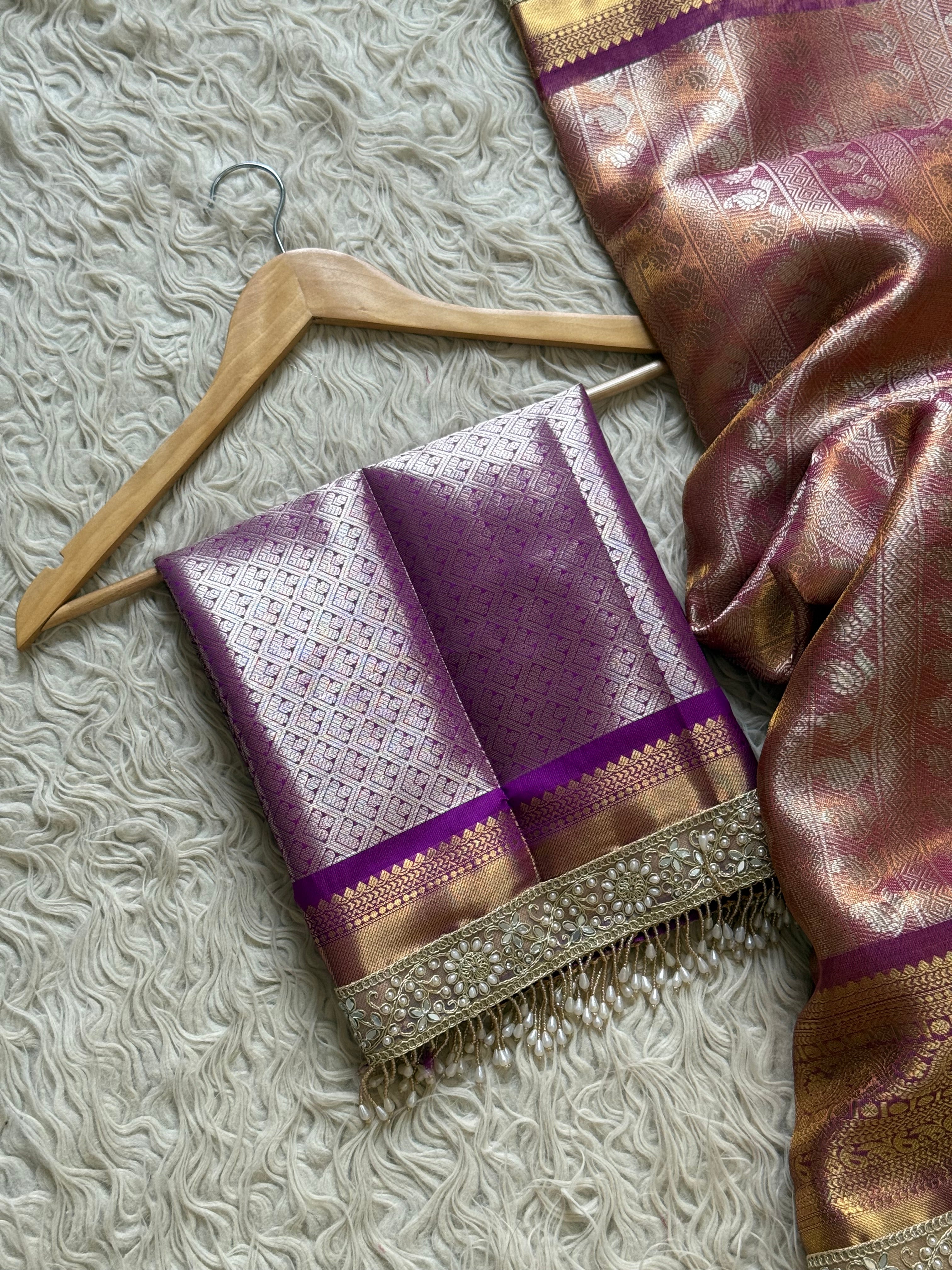 Magenta Bridal Kanjeevaram Brocade Tissue Saree with Designer Pearl and Mirror Lace Work Jhalar Lace on Pallu
