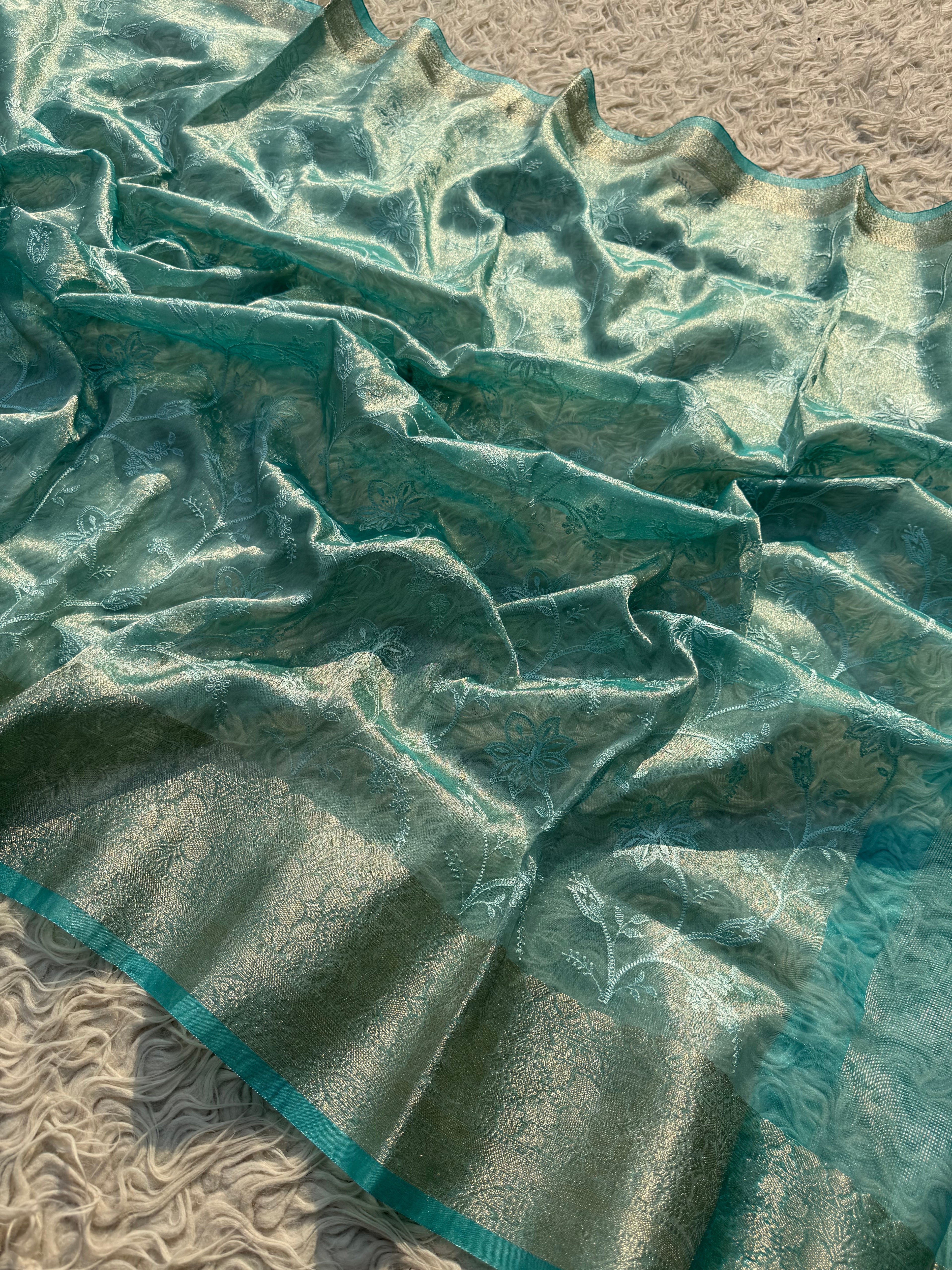 Sky Blue Banarasi Embroidery Tissue Silk Saree