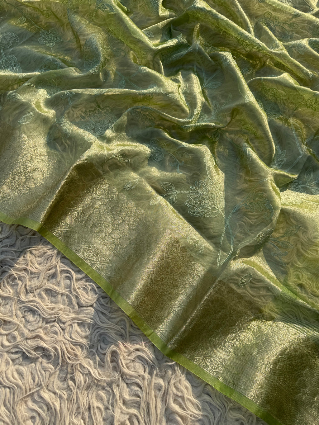 Pista Banarasi Embroidery Tissue Silk Saree