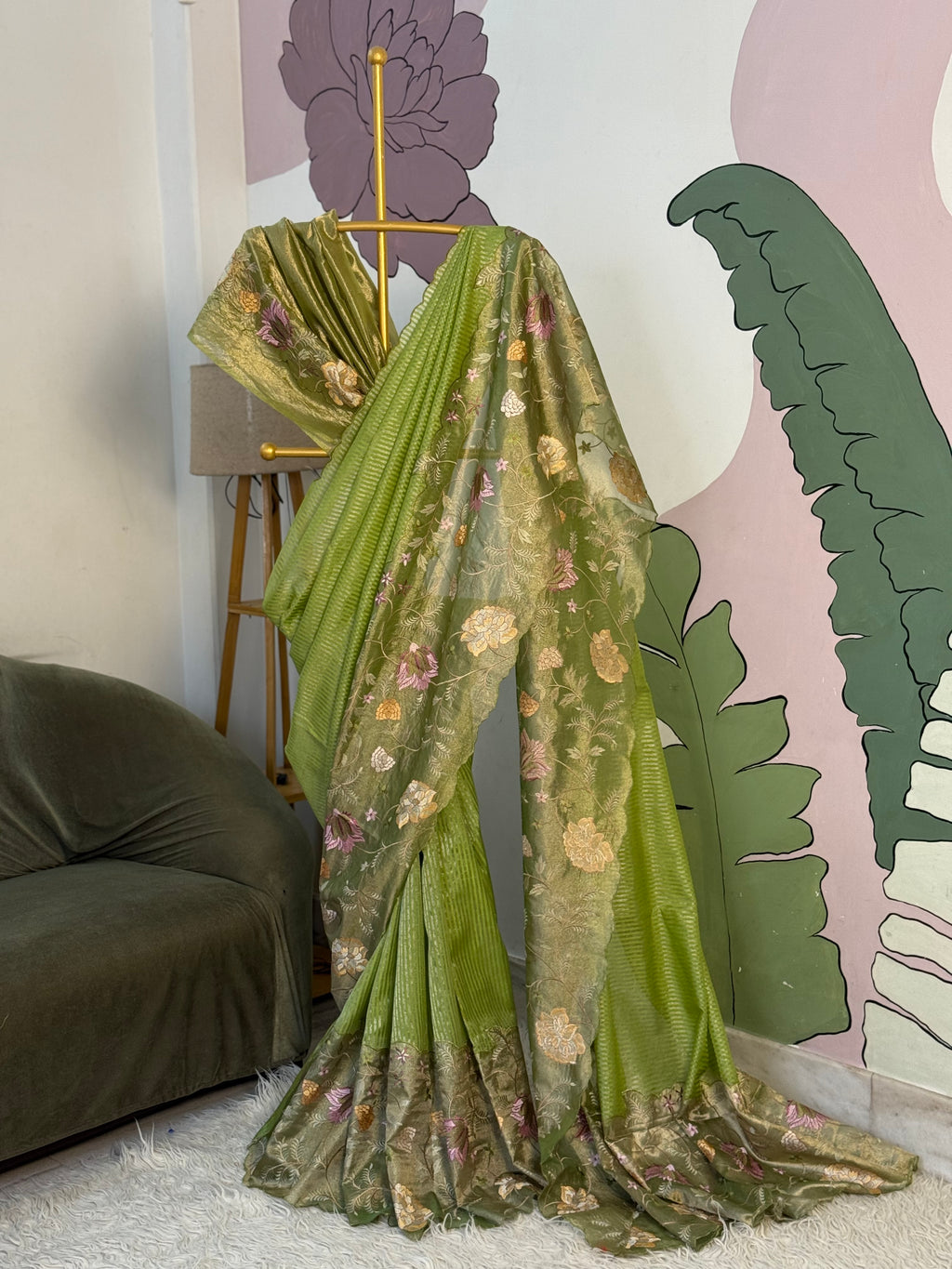 Light Green Designer Chiniya Tissue Silk Stripe Saree with multi color floral embroidered on Tissue Base