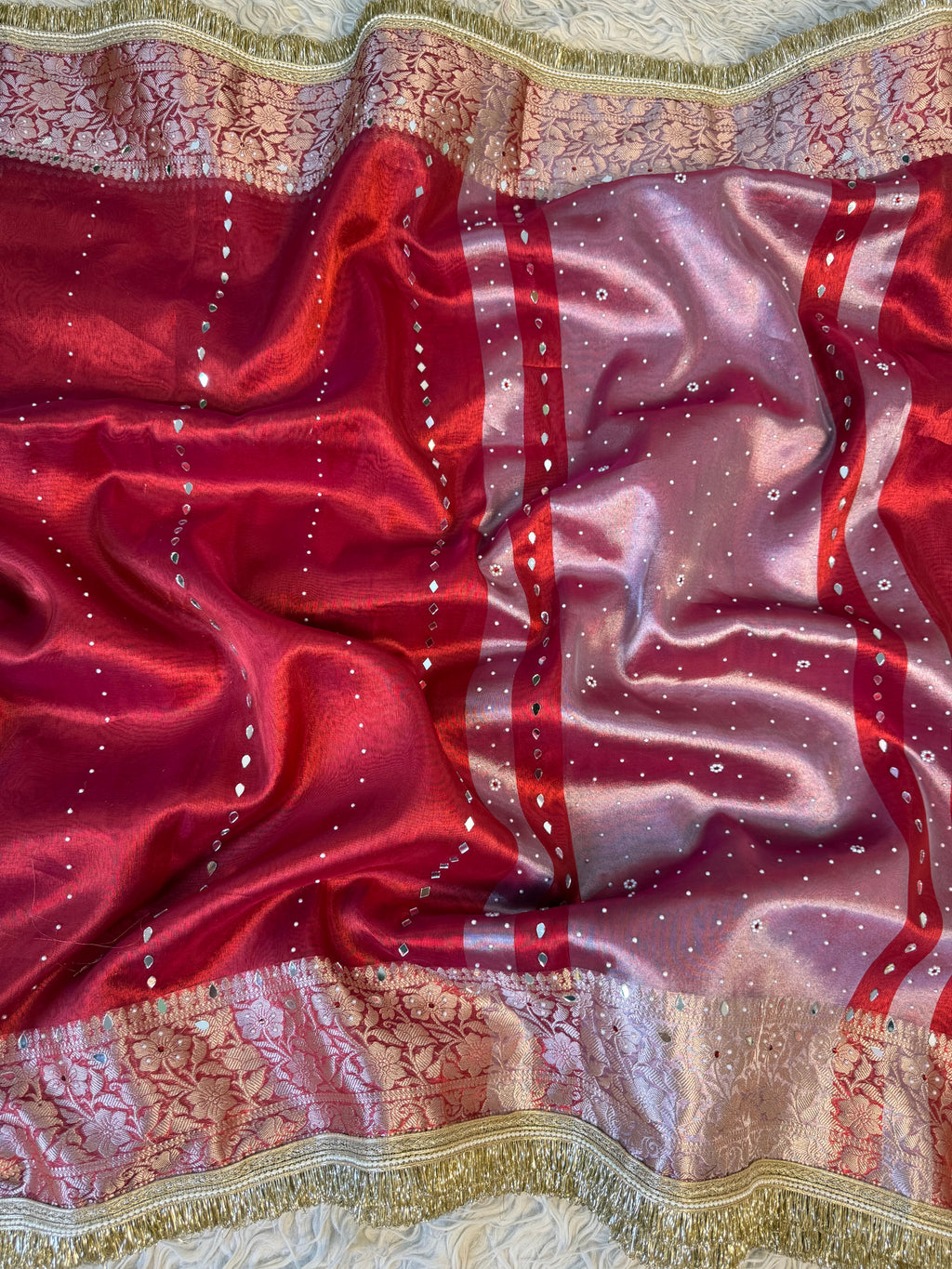 Designer Banarasi Tissue Saree with mirror Work on all over Body with Intricate Border and Pallu Design Along with heavy mirror work and Gotta Patti Lace Work