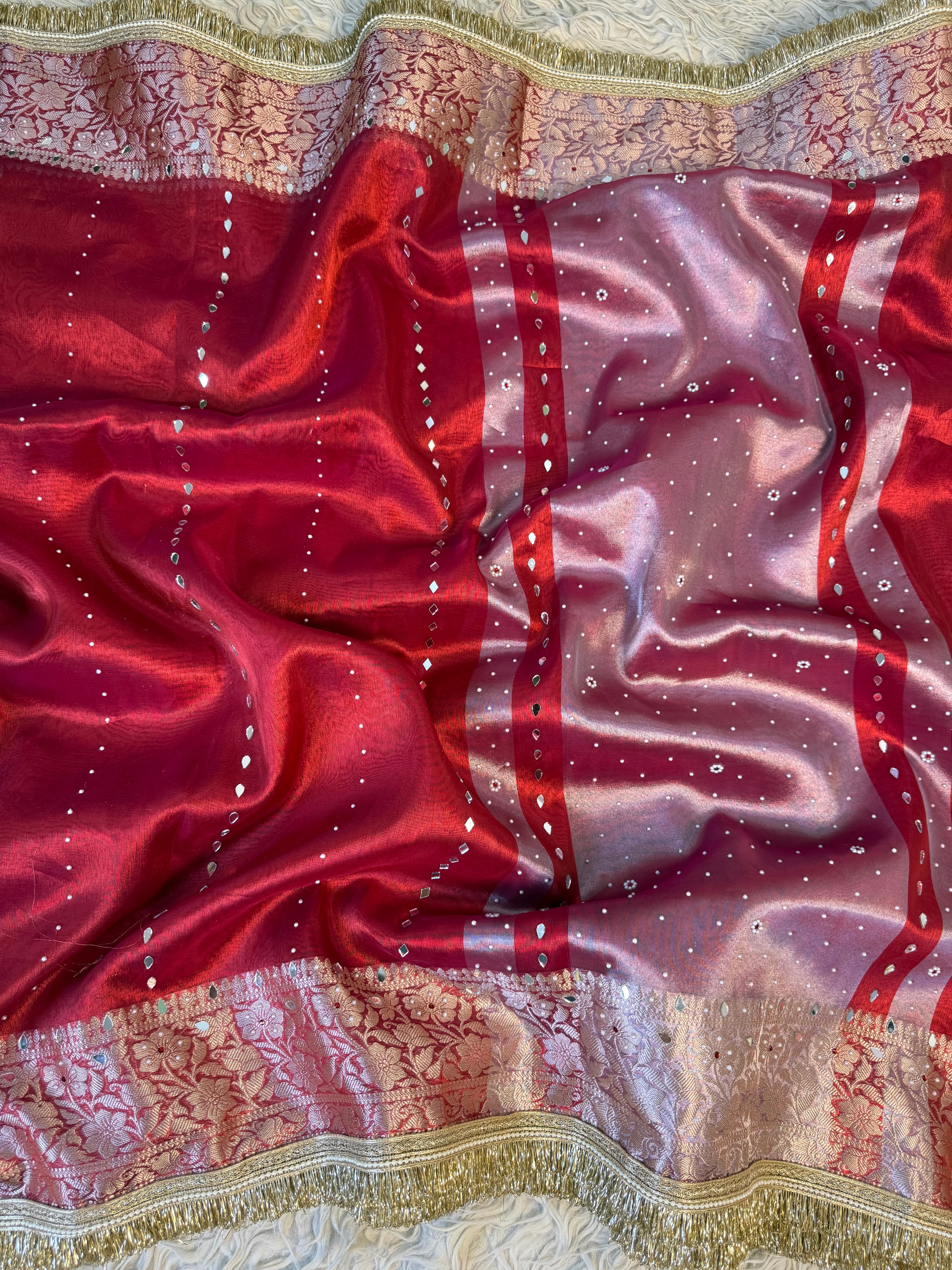 Designer Banarasi Tissue Saree with mirror Work on all over Body with Intricate Border and Pallu Design Along with heavy mirror work and Gotta Patti Lace Work