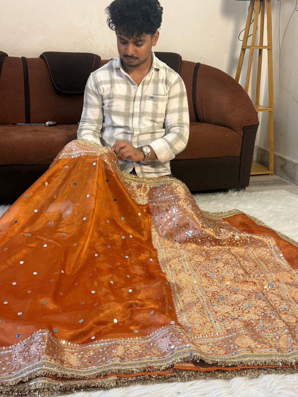 Designer Banarasi Tissue Saree with Pearl and mirror Work on all over Body with Intricate Border and Pallu Design Along with Gotta Patti Lace Work