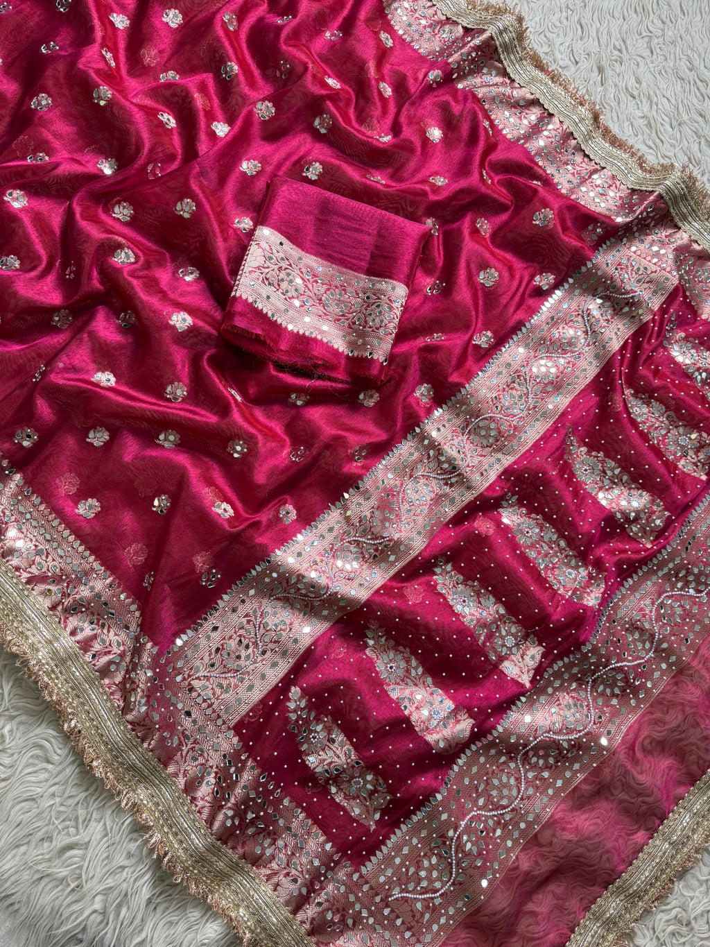 Designer Banarasi Tissue Saree with Pearl Work on all over Body with Intricate Border and Pallu Design Along with Gotta Patti Lace Work