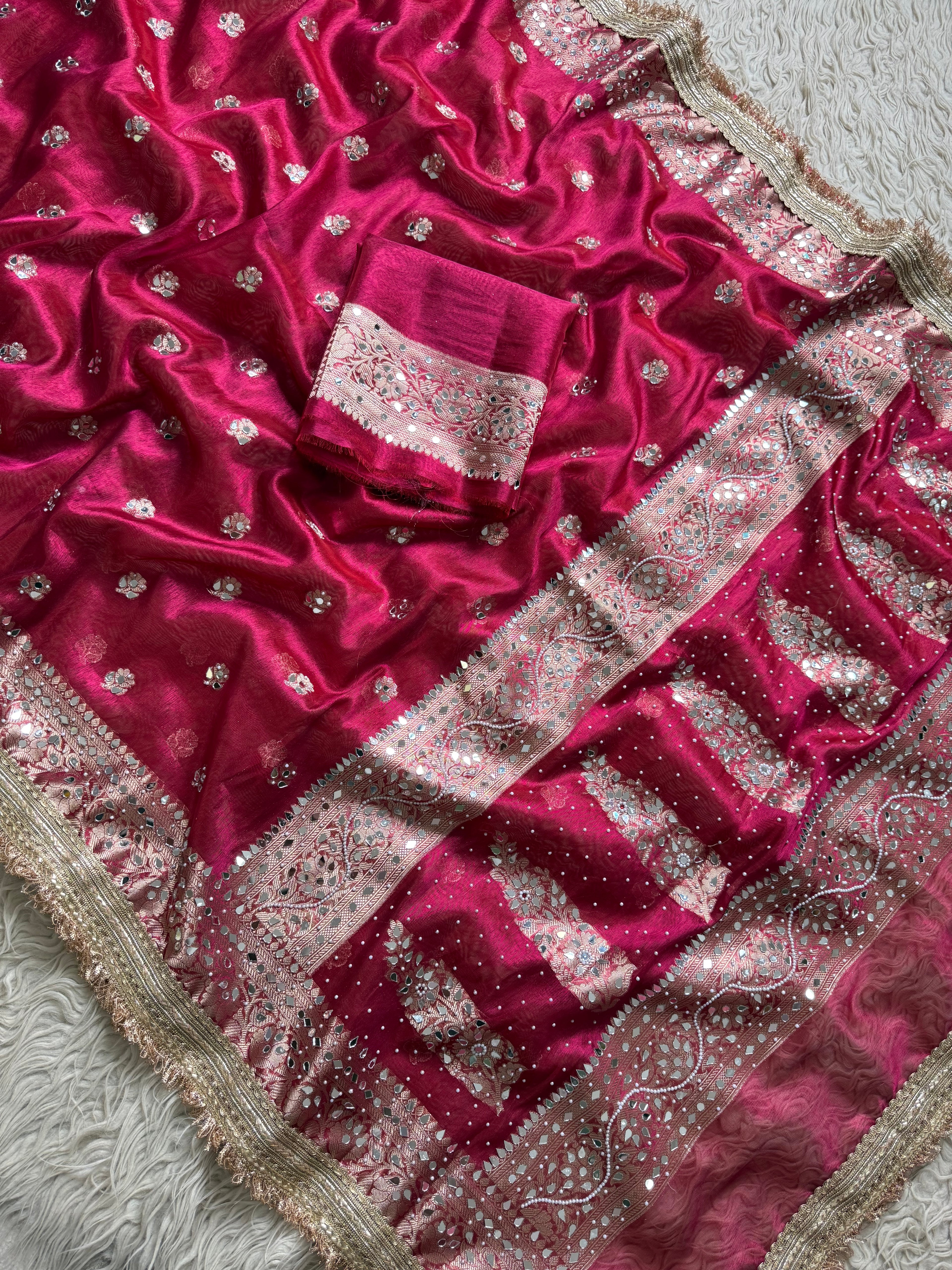 Designer Banarasi Tissue Saree with Pearl Work on all over Body with Intricate Border and Pallu Design Along with Gotta Patti Lace Work
