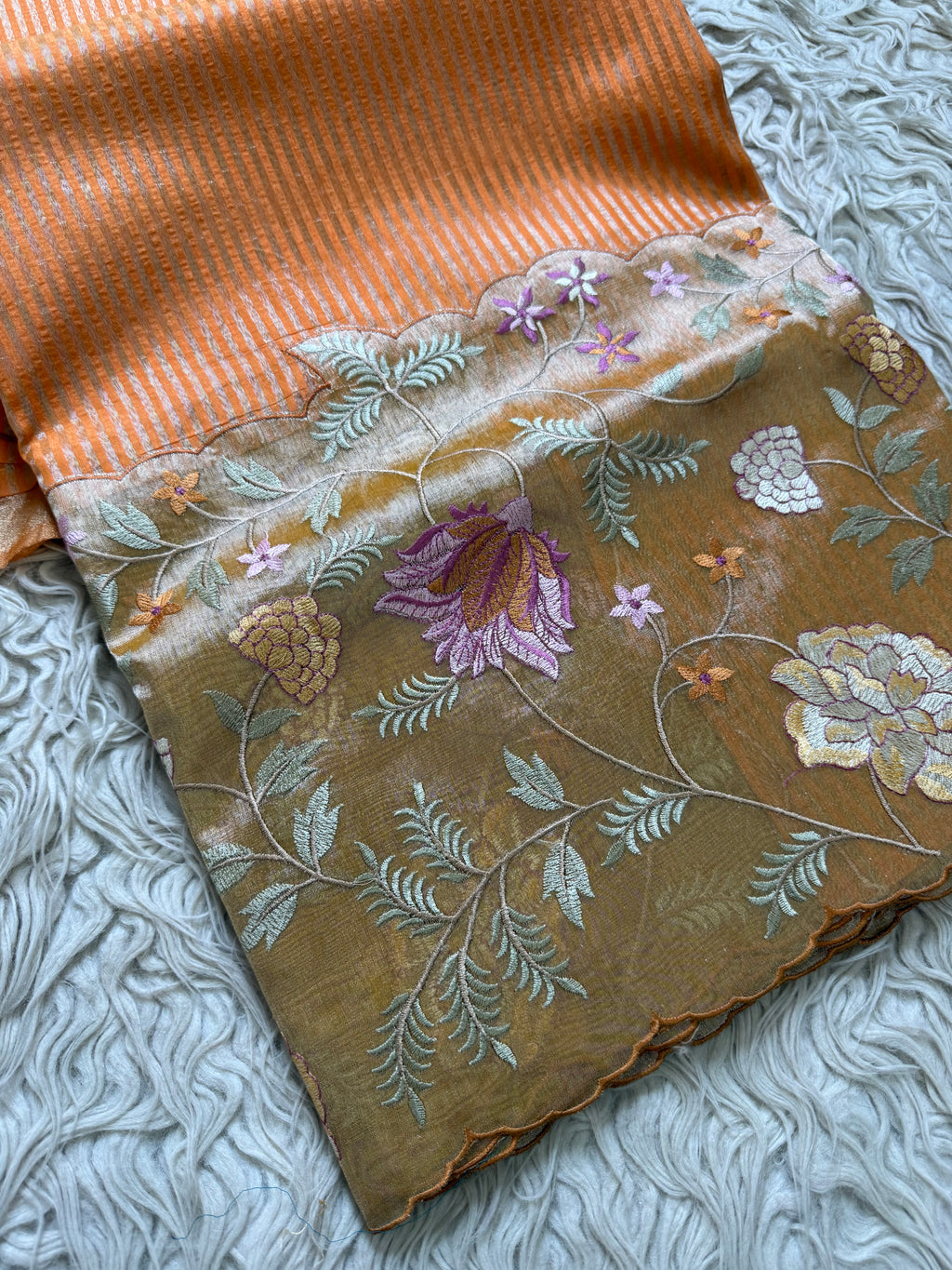 Light oranges Designer Chiniya Tissue Silk Stripe Saree with multi color floral embroidered on Tissue Base
