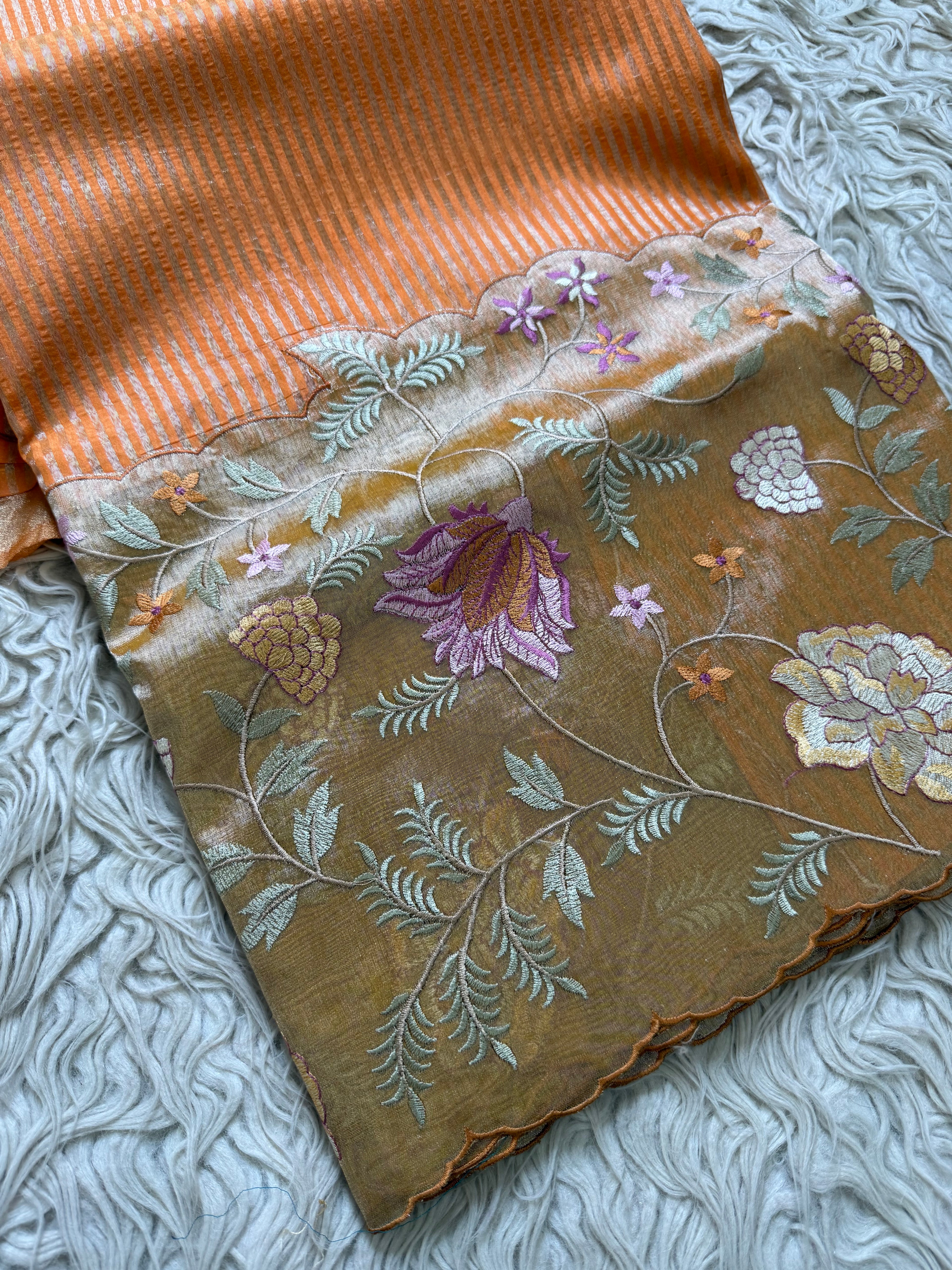 Light oranges Designer Chiniya Tissue Silk Stripe Saree with multi color floral embroidered on Tissue Base