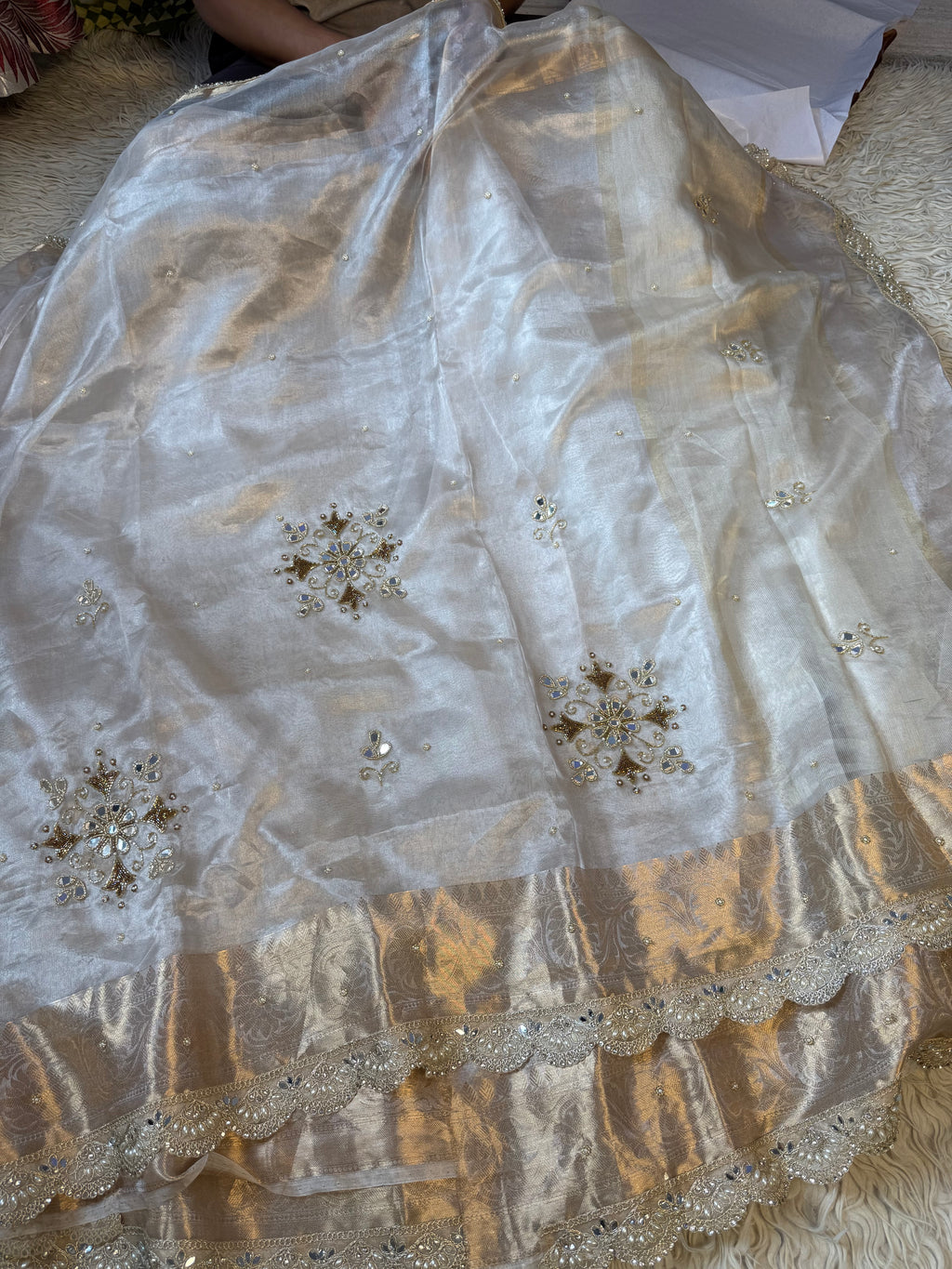 100%Pure Banarasi Tissue Saree with Hand Work on all over Body with Intricate Border and Pallu Design Along with diamond  Lace Work