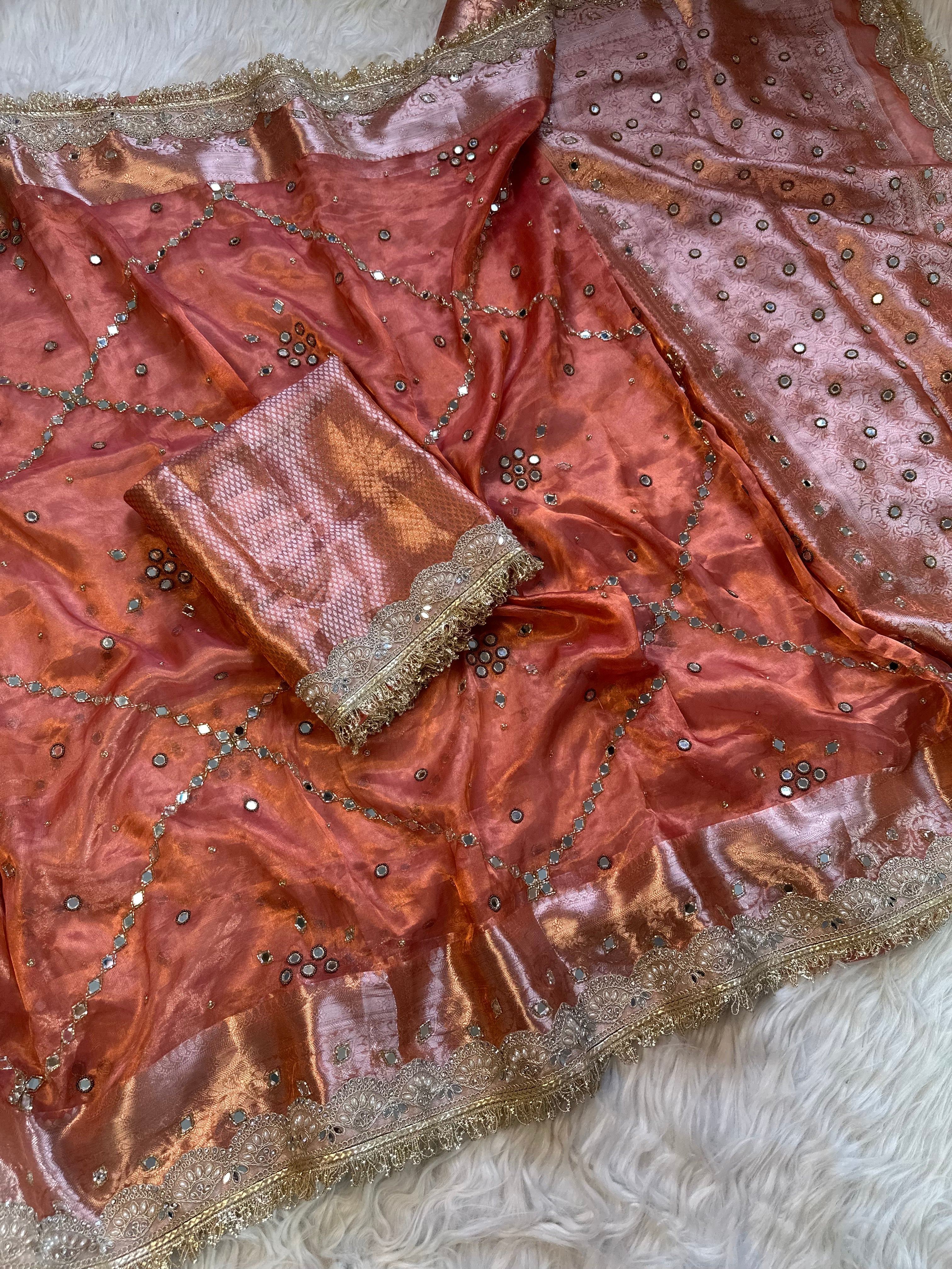100%Pure Banarasi Tissue Saree with Hand Work on all over Body with Intricate Border and Pallu Design Along with diamond  Lace Work