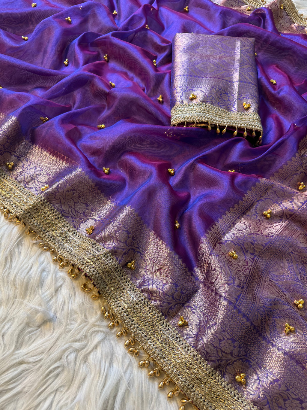 Purple Banarasi tissue saree X ghungroo work