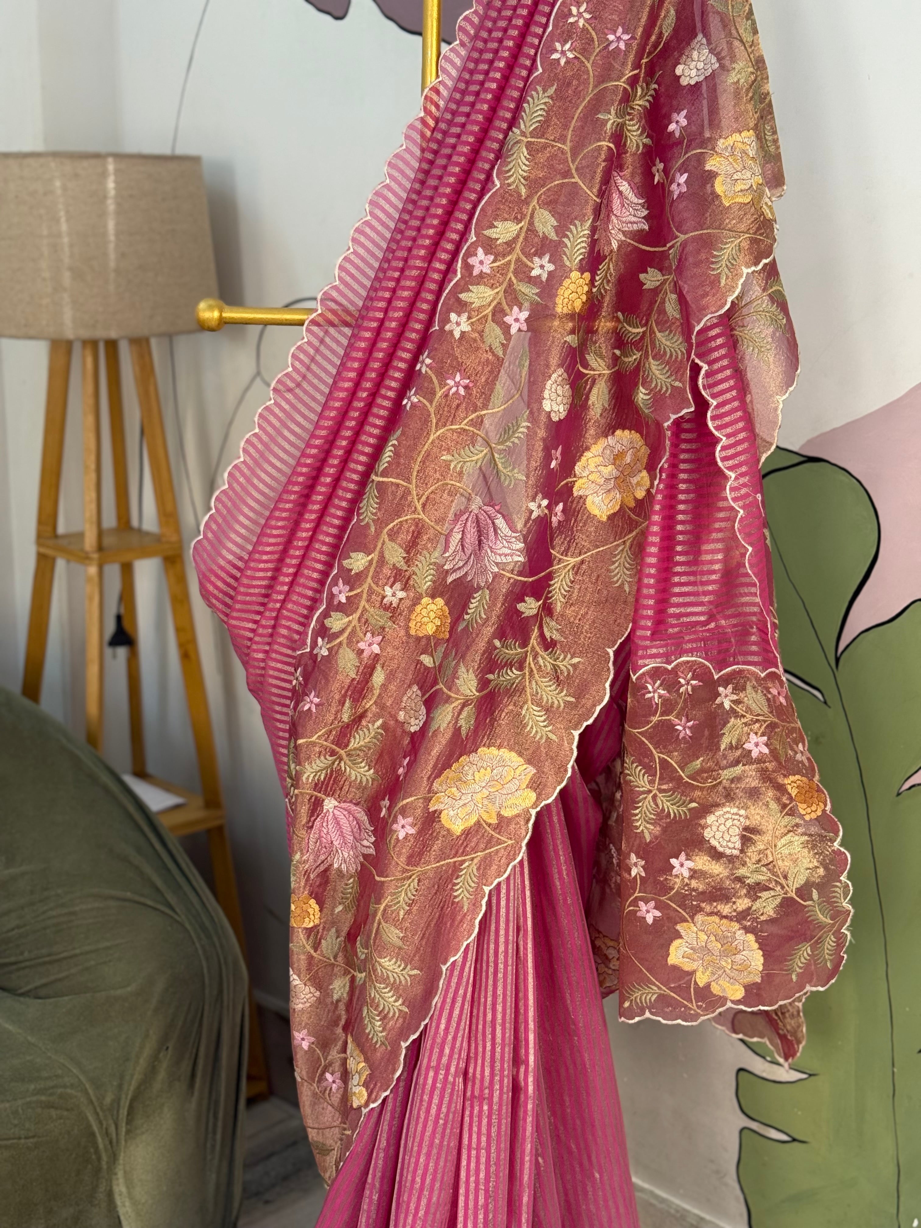 Rani Pink Brown Designer Chiniya Tissue Silk Stripe Saree with multi color floral embroidered on Tissue Base