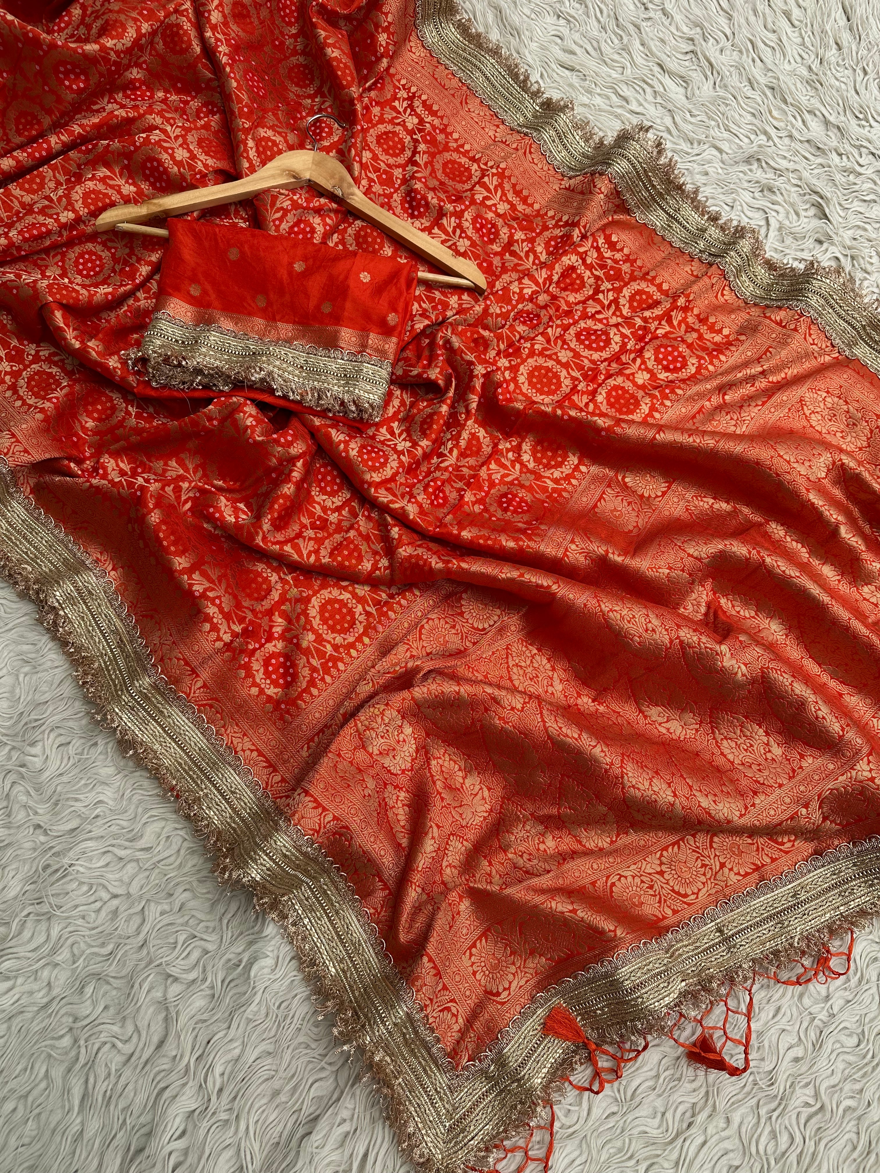 Orange Designer Georgette Katan Silk Saree with Gota Patti