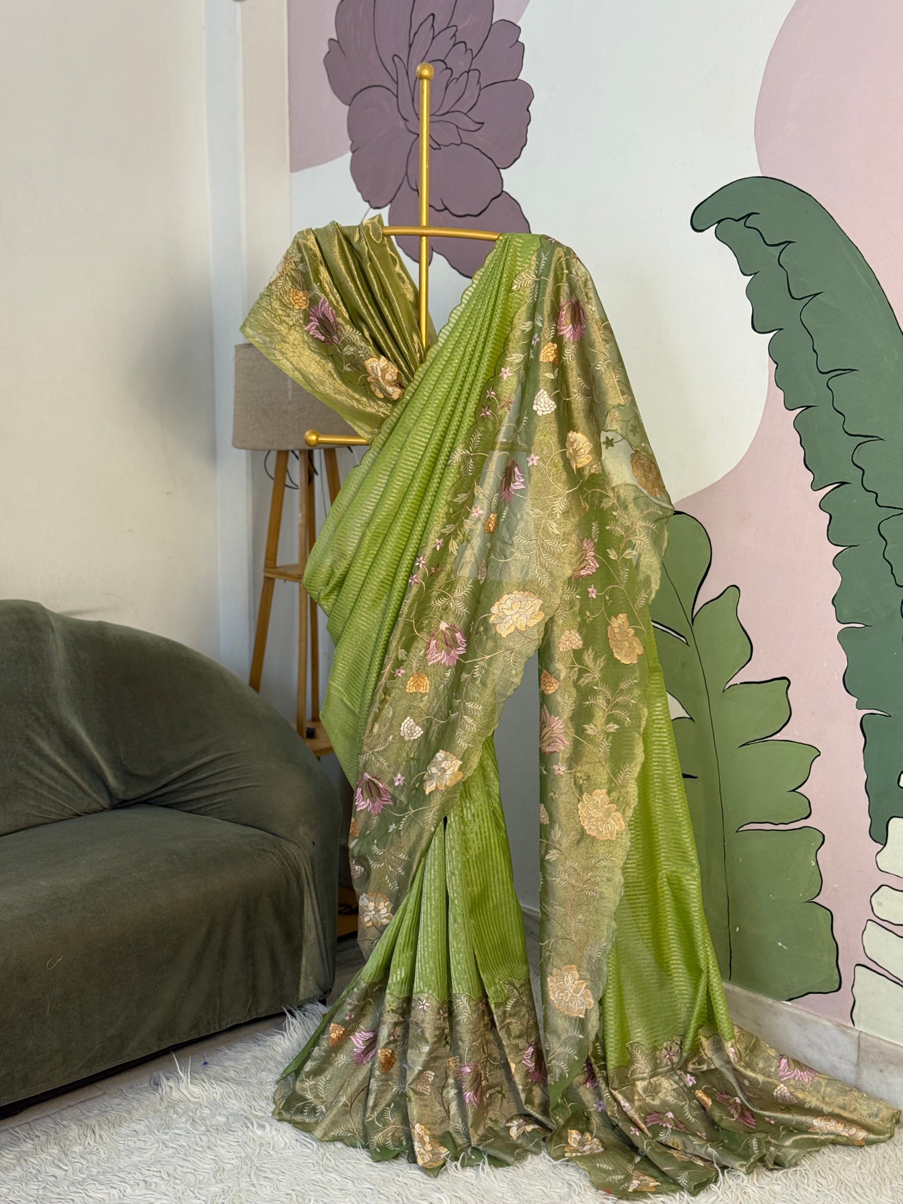 Light Green Designer Chiniya Tissue Silk Stripe Saree with multi color floral embroidered on Tissue Base