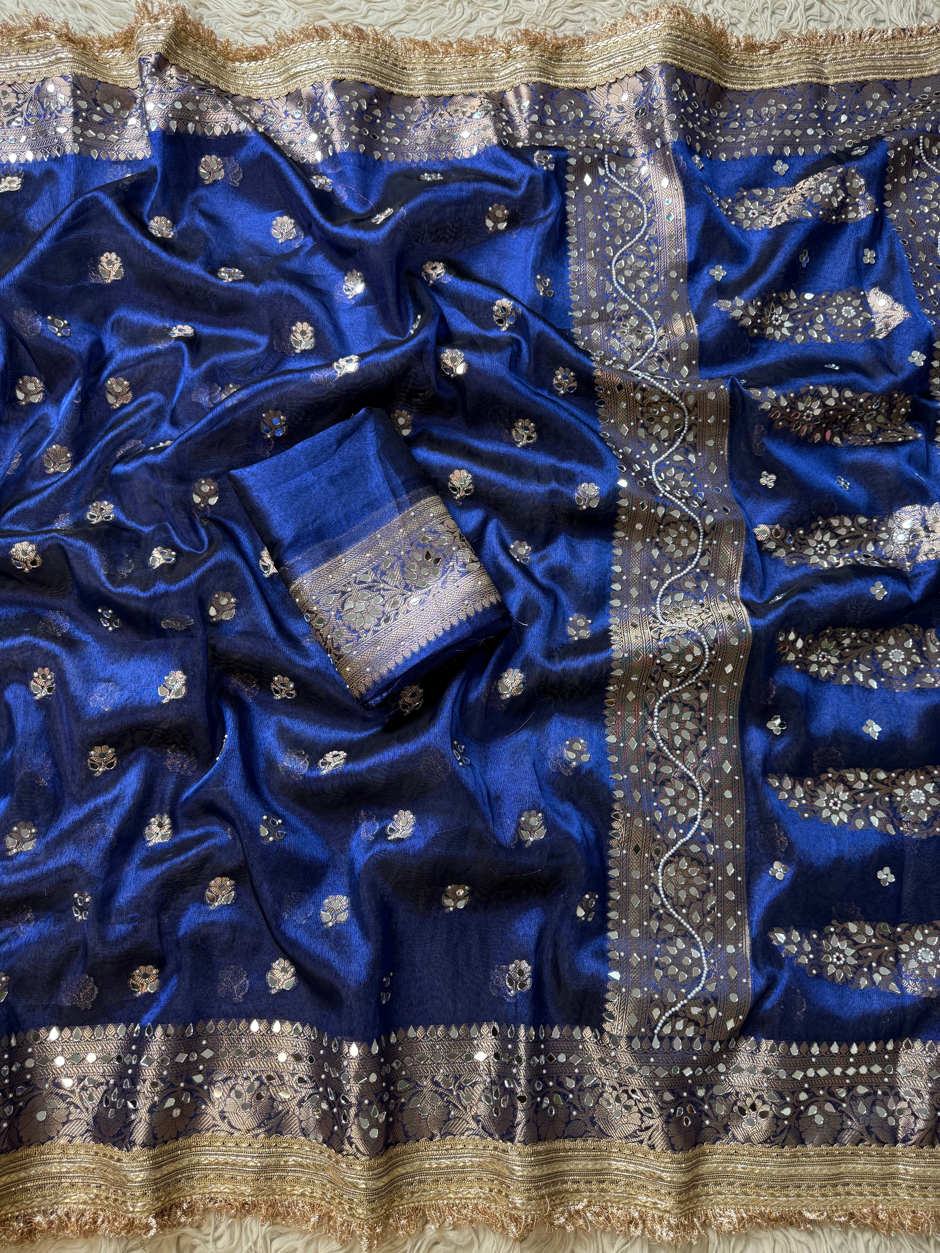 Designer Banarasi Tissue Saree with Pearl Work on all over Body with Intricate Border and Pallu Design Along with Gotta Patti Lace Work