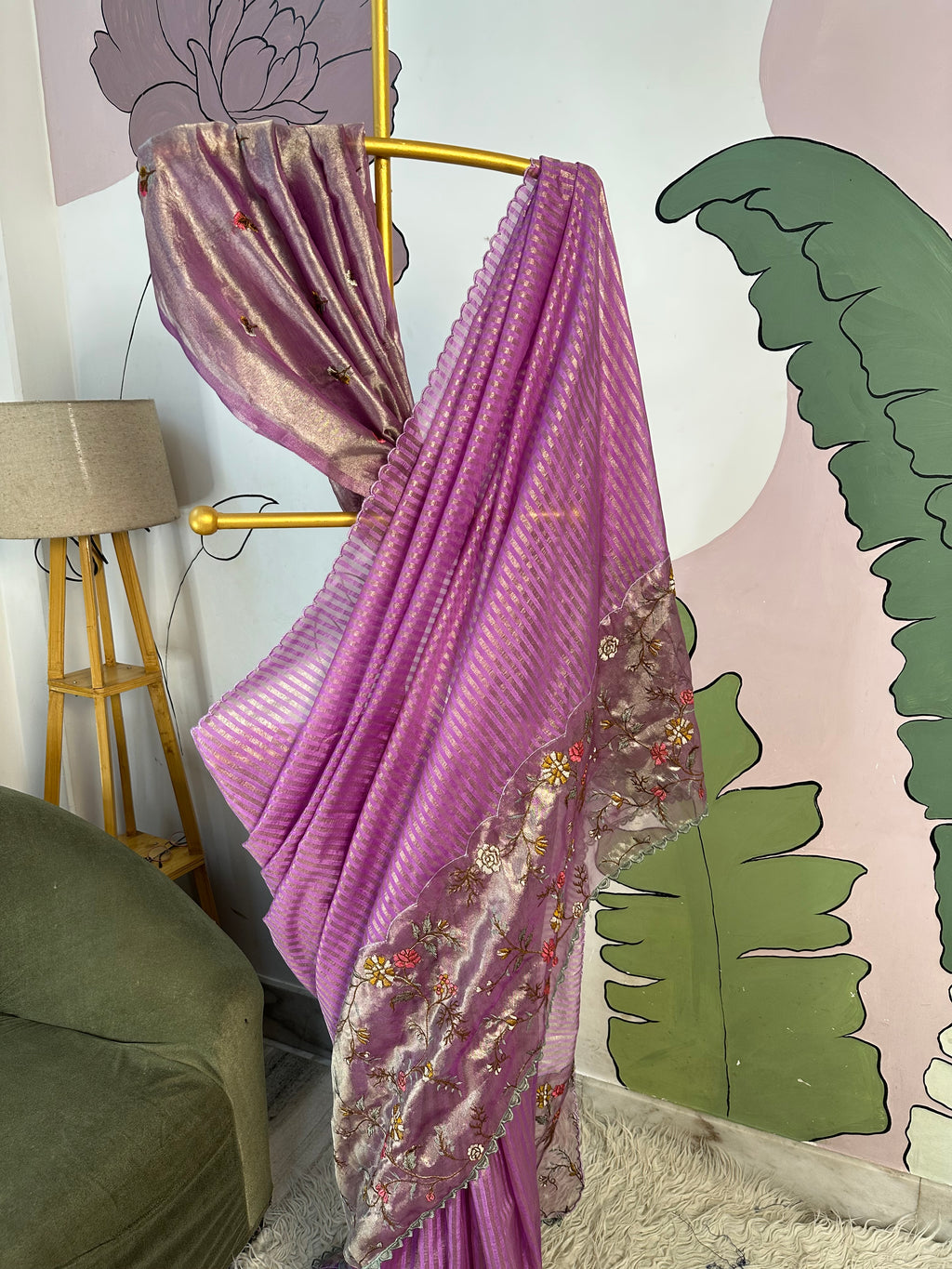 Lavender Designer Chiniya Tissue Silk Stripe Saree with multi color floral embroidered on Tissue Base