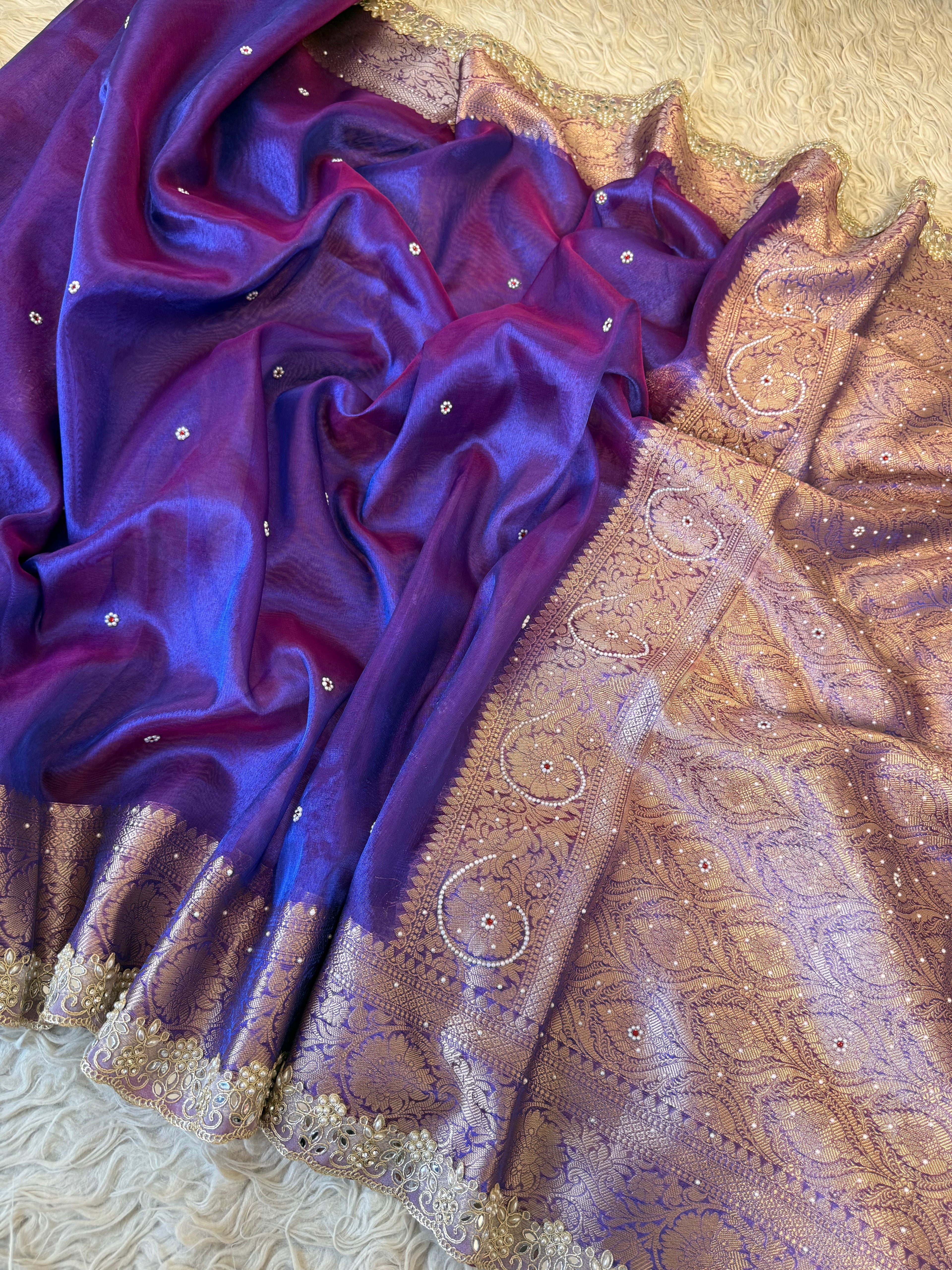 Designer Banarasi Tissue Saree with Pearl Work on all over Body with Intricate Border and Pallu Design Along with Gotta Patti Lace Work