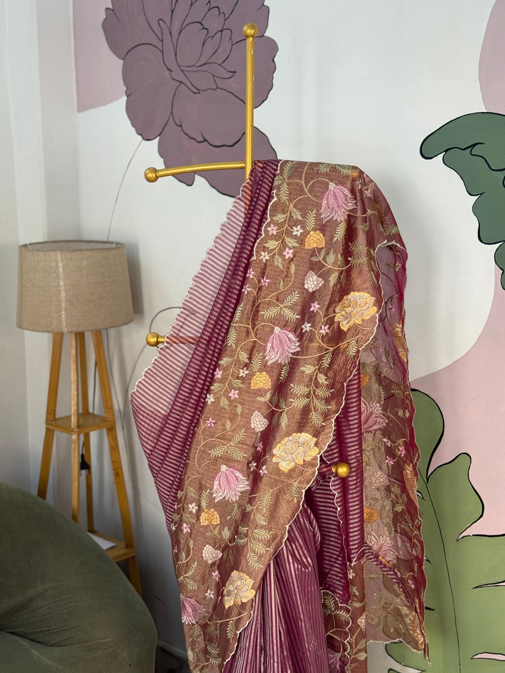 Pink Designer Chiniya Tissue Silk Stripe Saree with multi color floral embroidered on Tissue Base