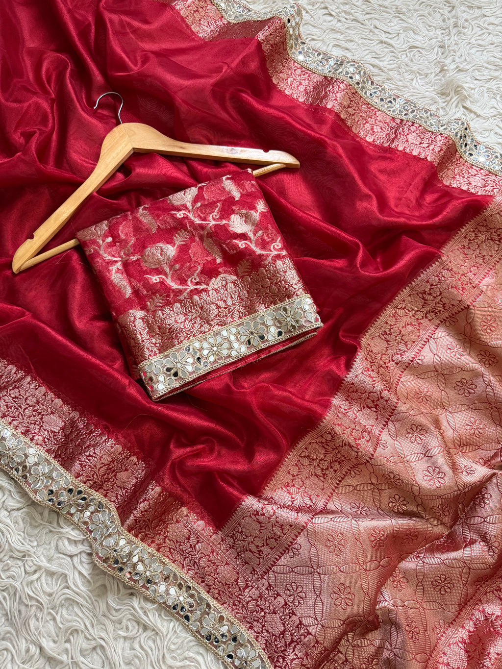 Red designer tissue saree with lovely mirror lace