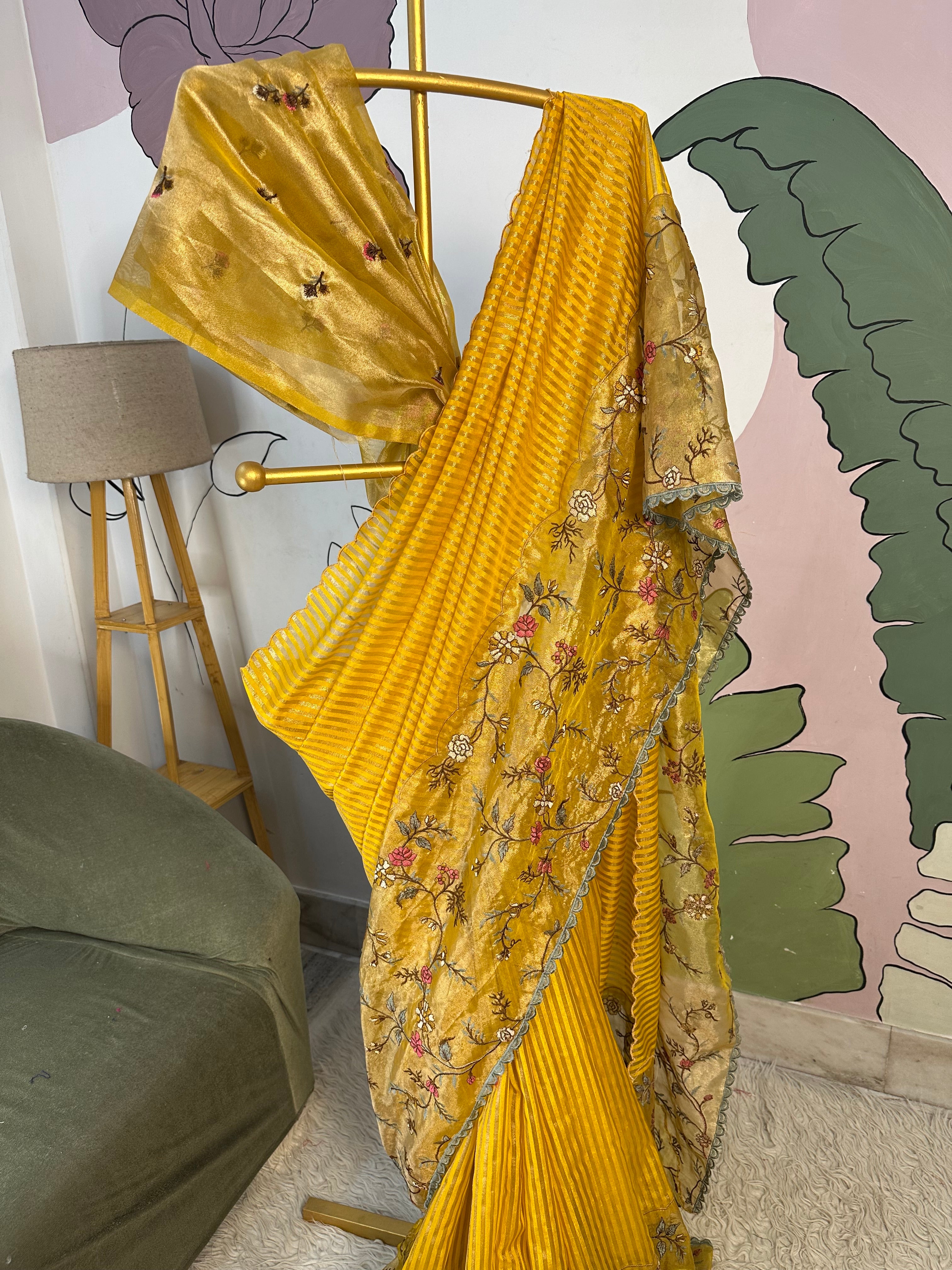 Yellow Designer Chiniya Tissue Silk Stripe Saree with multi color floral embroidered on Tissue Base