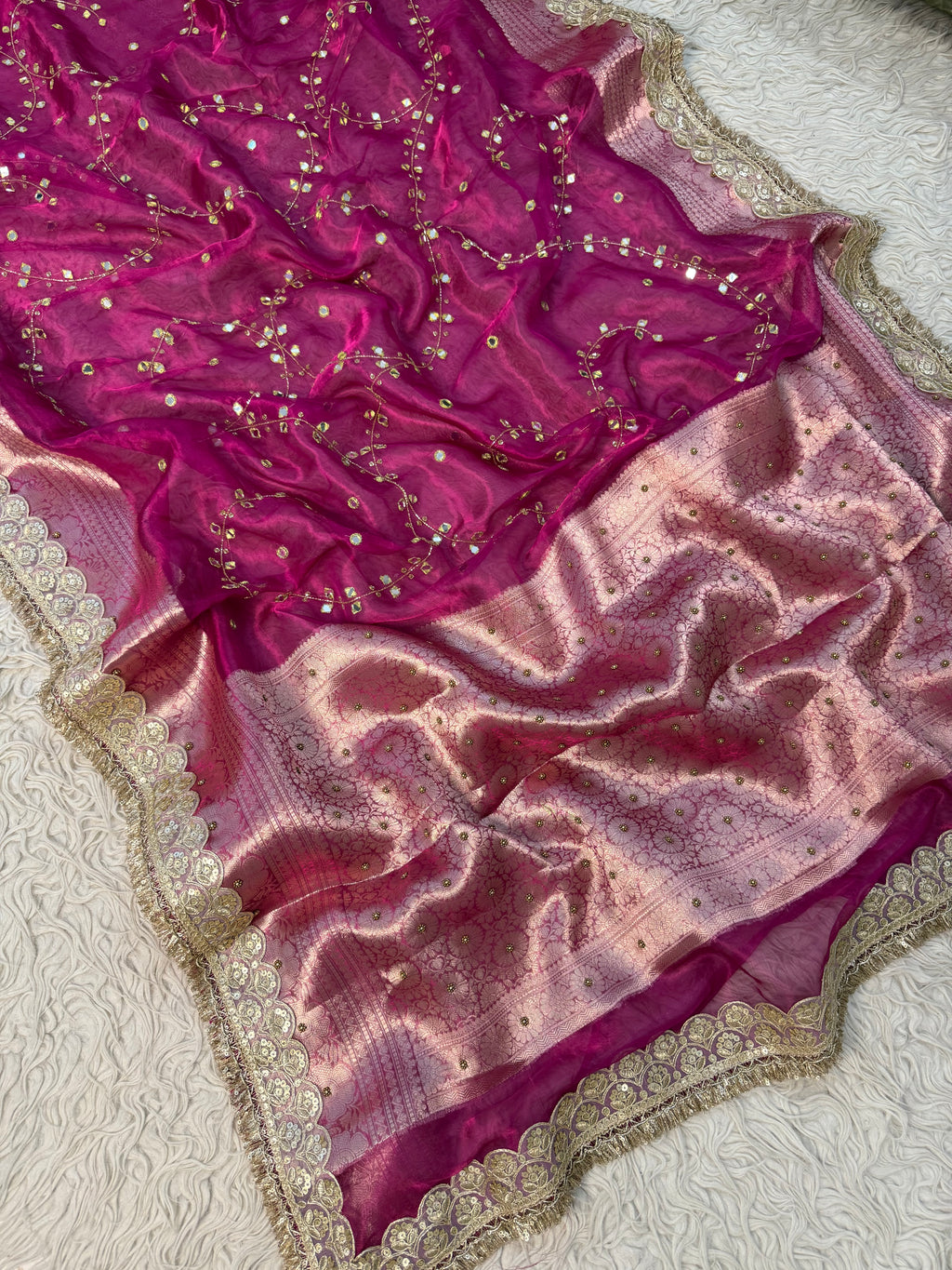 Pure Banarasi Tissue Saree with Hand Work on all over Body with Intricate Border and Pallu Design Along with Gotta Patti Lace Work