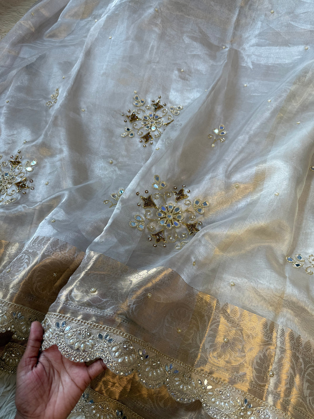 100%Pure Banarasi Tissue Saree with Hand Work on all over Body with Intricate Border and Pallu Design Along with diamond  Lace Work