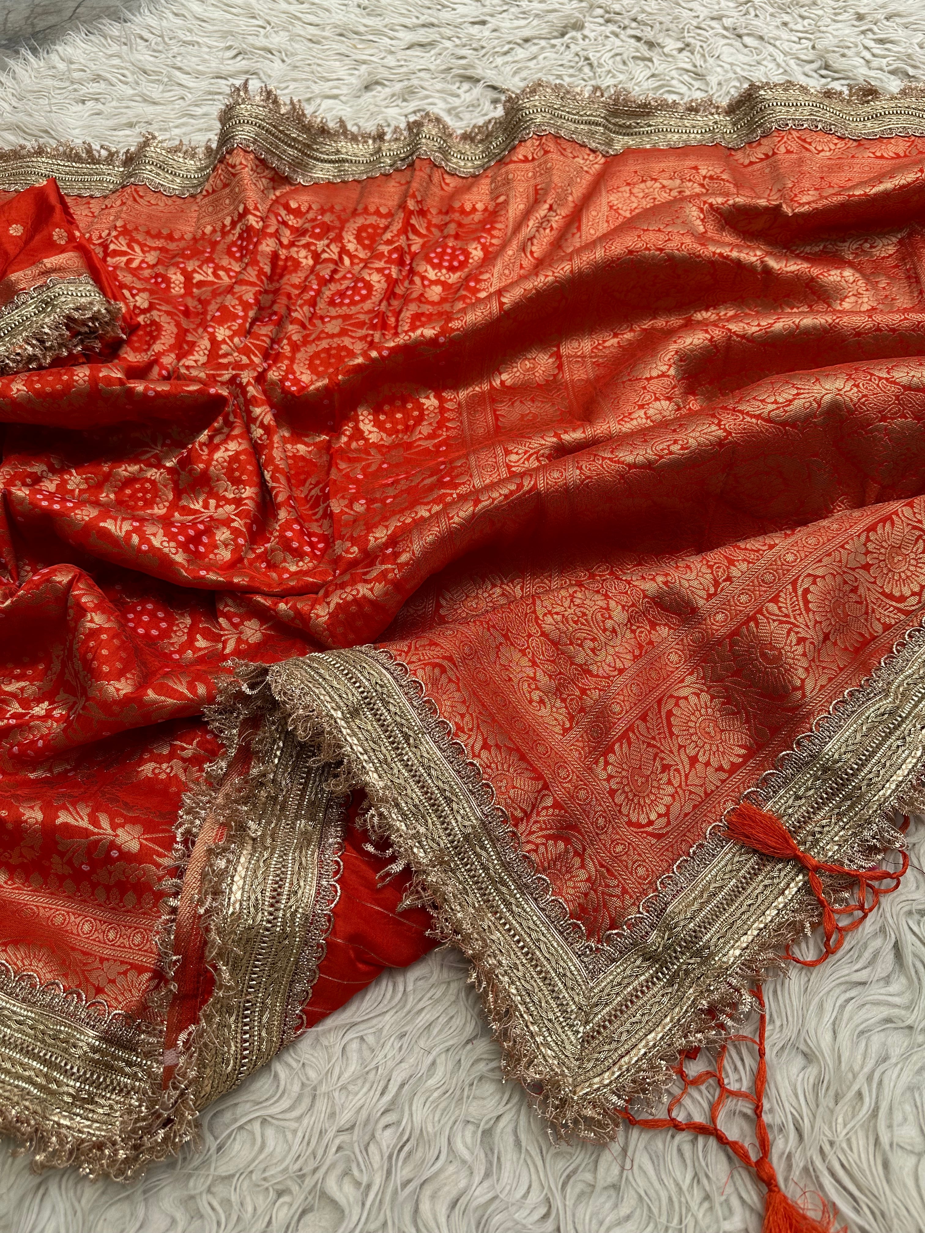 Orange Designer Georgette Katan Silk Saree with Gota Patti