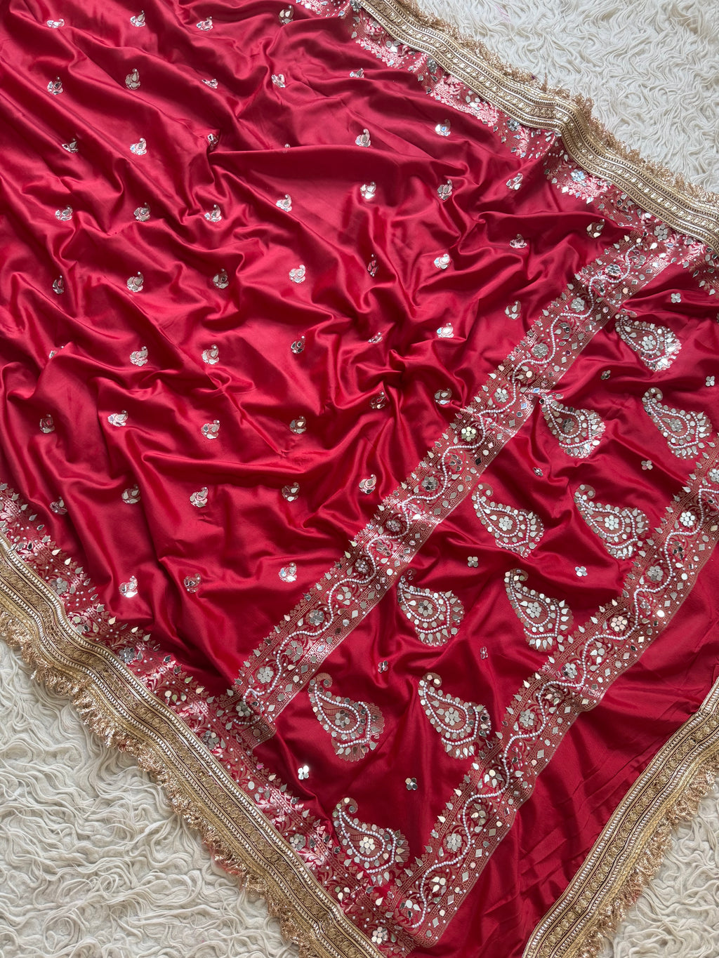 Designer Banarasi katan Saree with Pearl and mirror Work on all over Body with Intricate Border and Pallu Design Along with Gotta Patti Lace Work