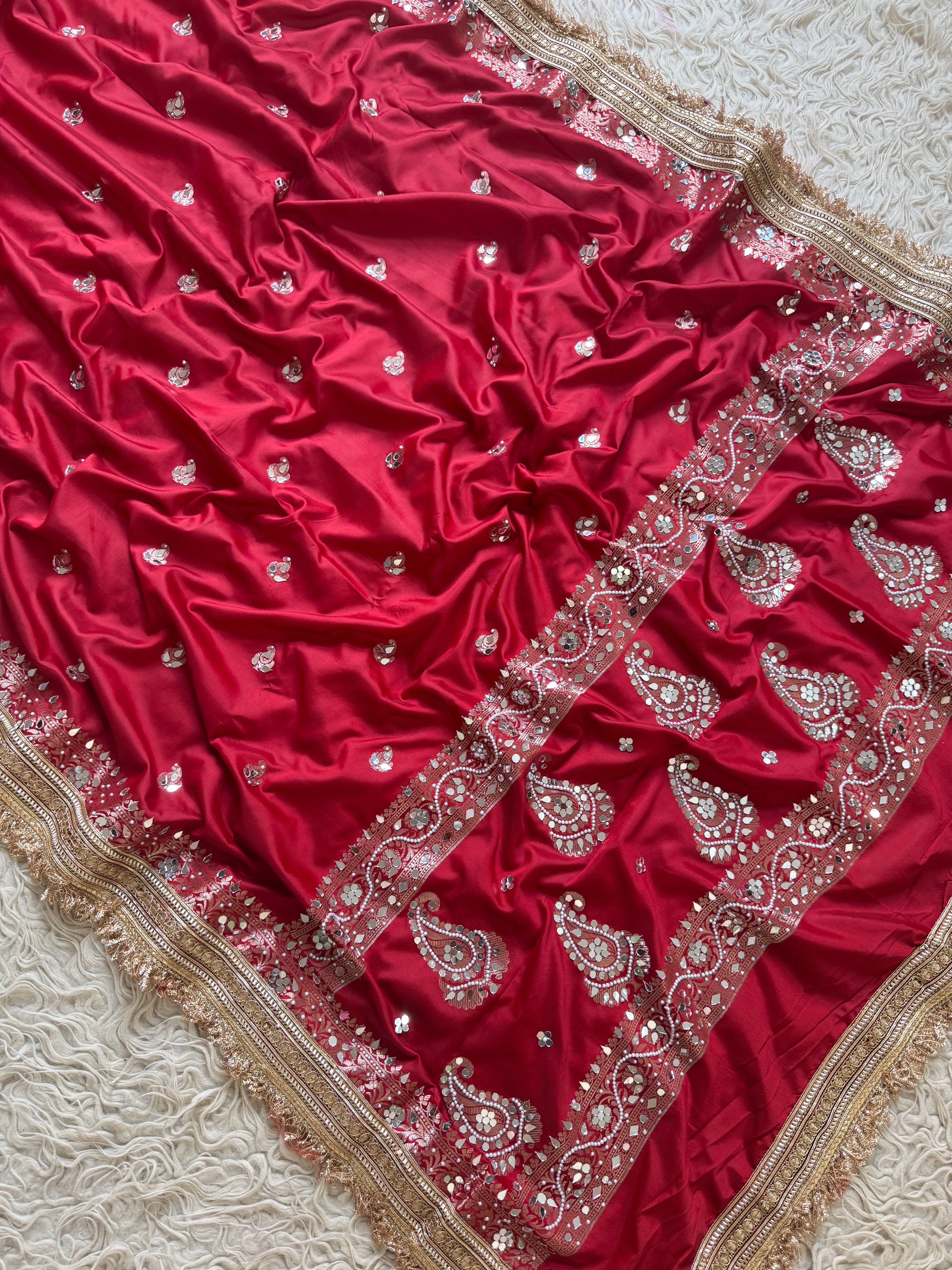 Designer Banarasi katan Saree with Pearl and mirror Work on all over Body with Intricate Border and Pallu Design Along with Gotta Patti Lace Work